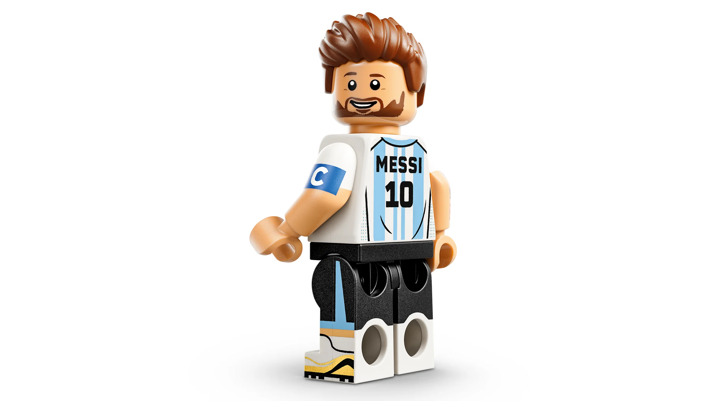 Minifigurina LEGO Messi, cu detalii precise ale echipamentului Argentinei.
