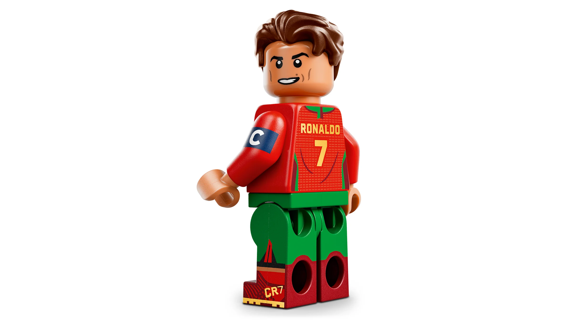 Mini-figurina LEGO Cristiano Ronaldo în echipament, detaliată cu numărul 7 și sigla CR7.