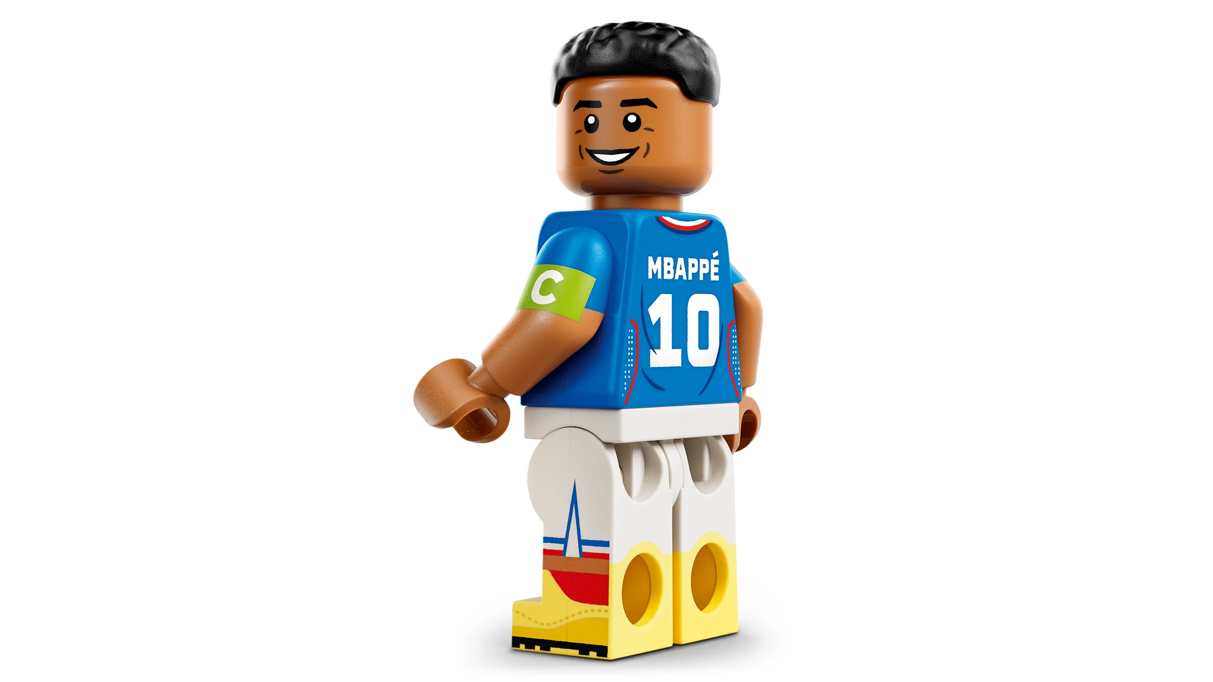 Minifigurina LEGO detaliată a lui Kylian Mbappé, în echipamentul Franței.