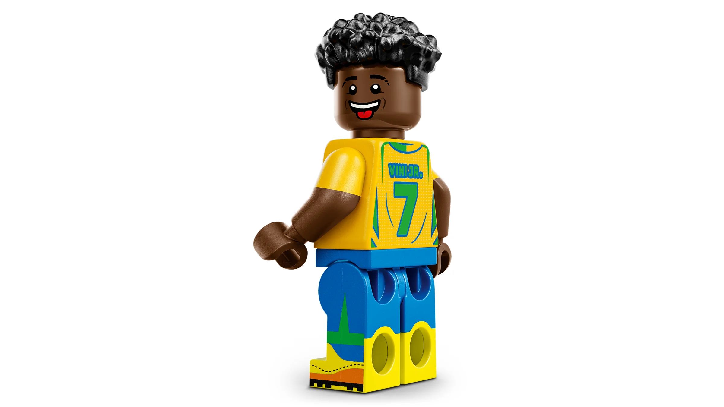 Minifigurina LEGO Vini Jr. în echipamentul Braziliei, zâmbitor.