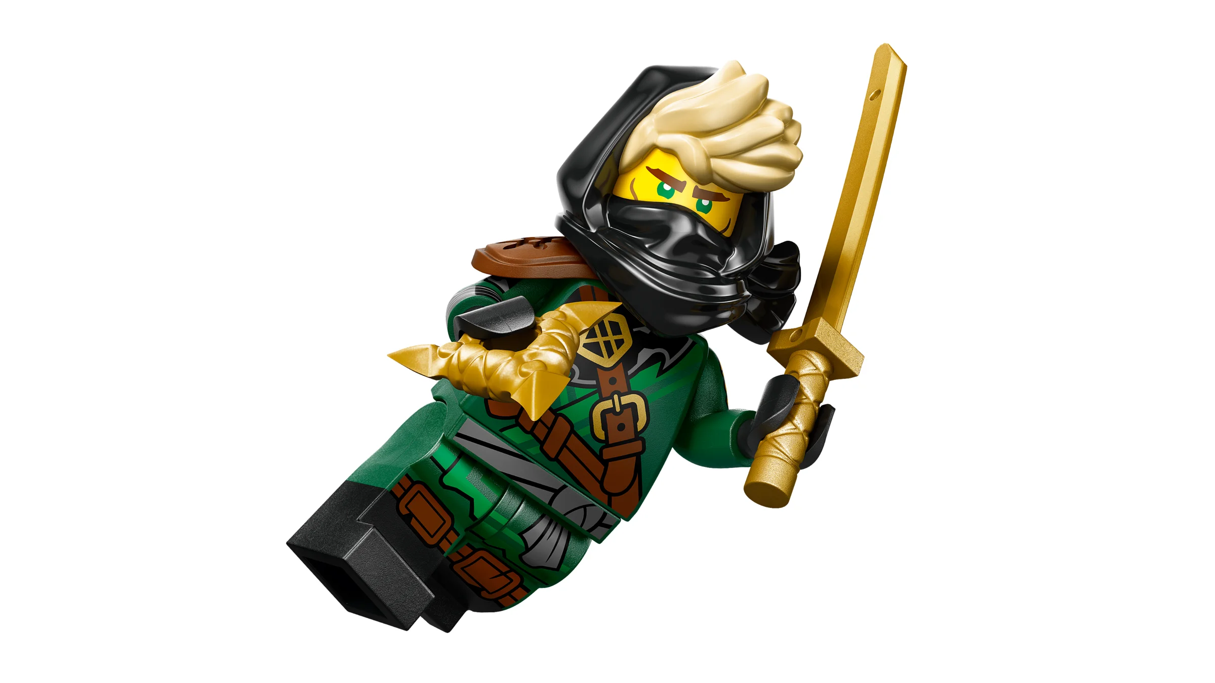 Prim-plan cu minifigurina LEGO Ninjago Lloyd, prezentând detaliile costumului său și armele.