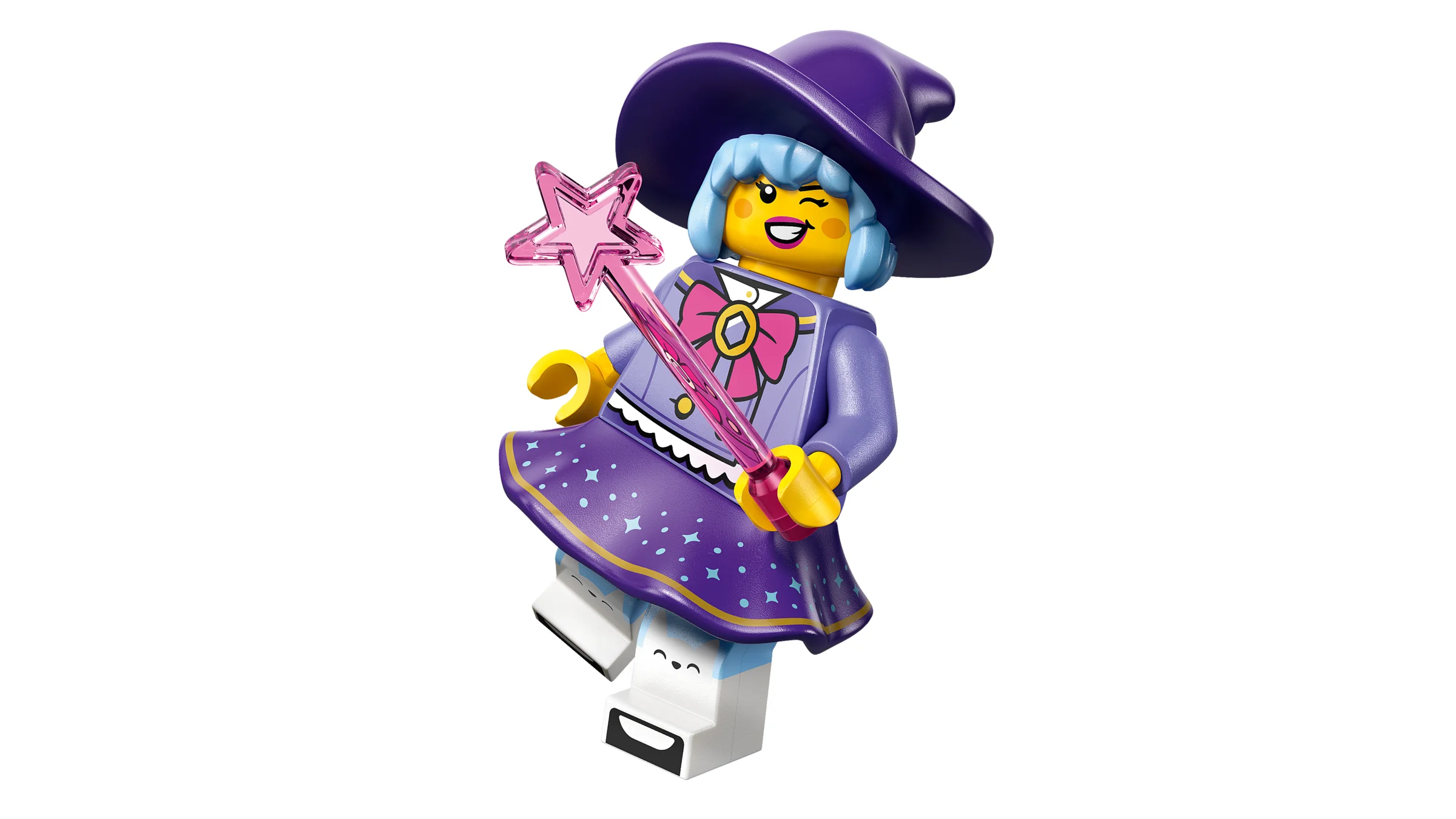 Prim-plan cu minifigurina Vrăjitoarea cu ochi clipitori, ținând o baghetă magică.