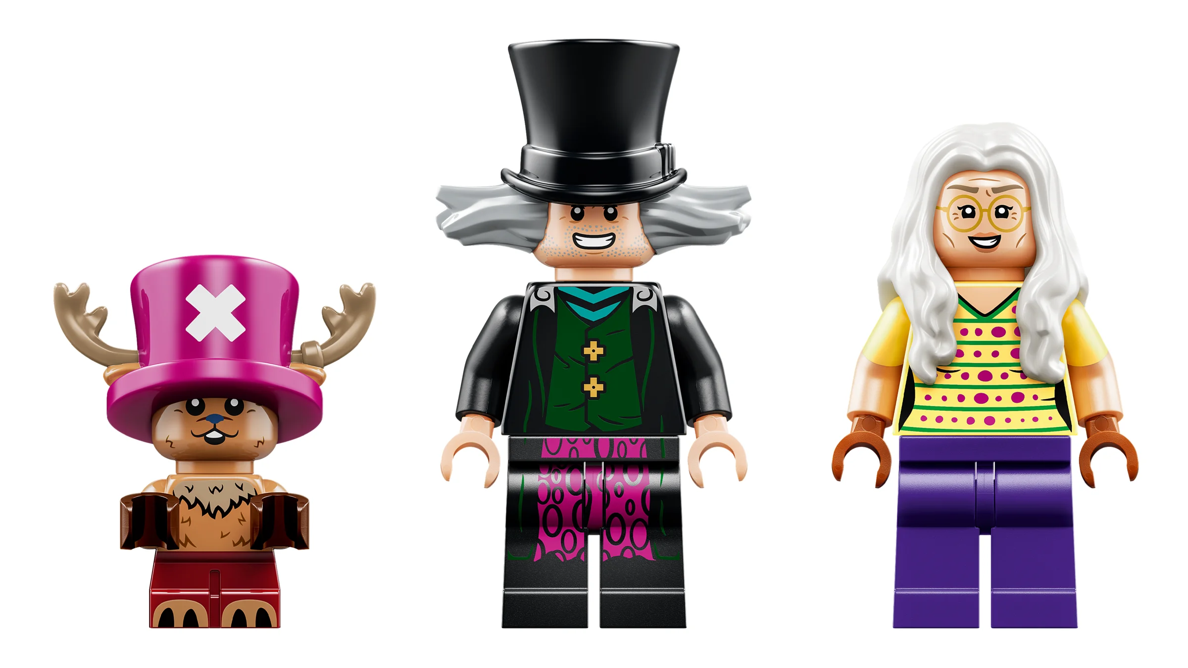 Prezentare detaliată a minifigurinelor Chopper, Hiriluk și Kureha din setul LEGO One Piece.