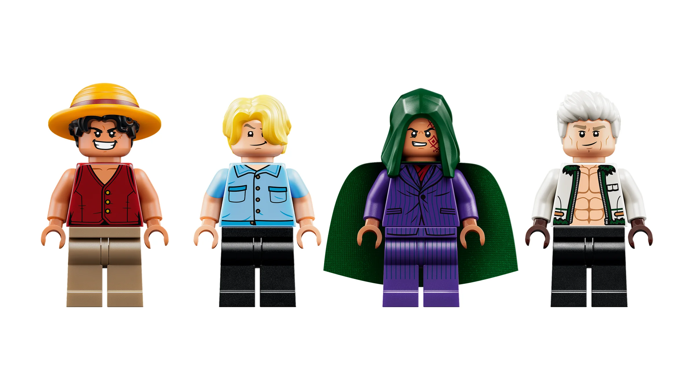 Prezentare a minifigurinelor LEGO One Piece: Luffy, Smoker și alții.