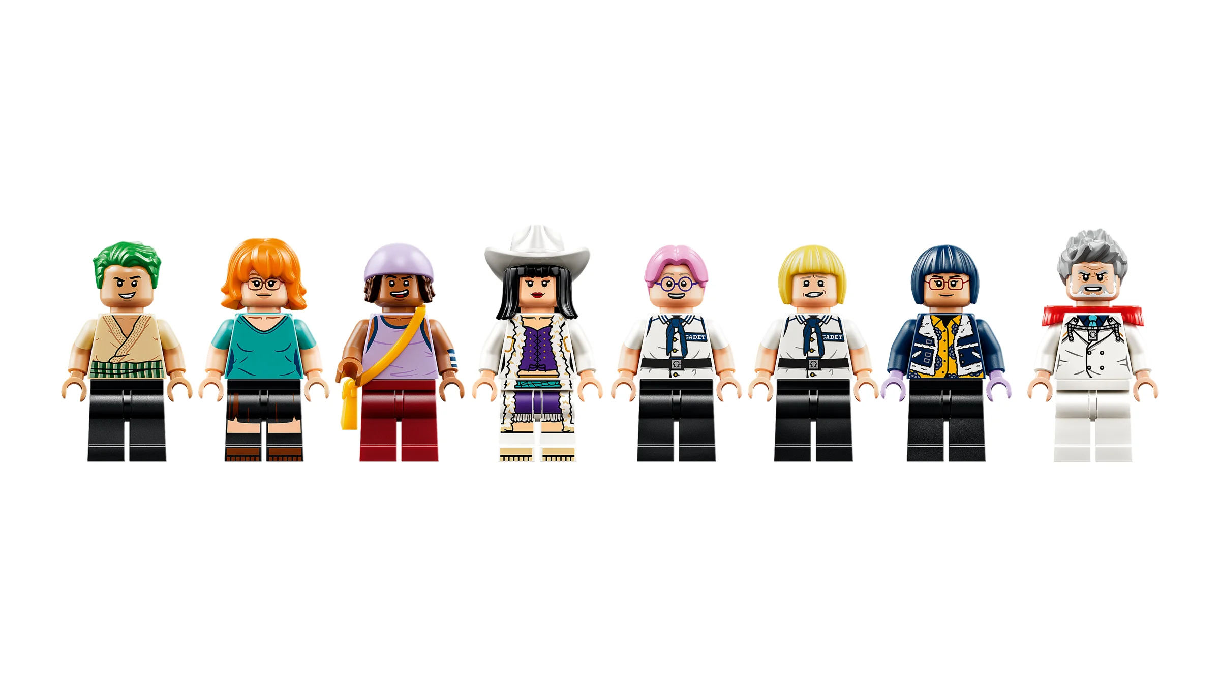 Prezintă minifigurinele setului 75646, cu detalii clare ale personajelor One Piece.