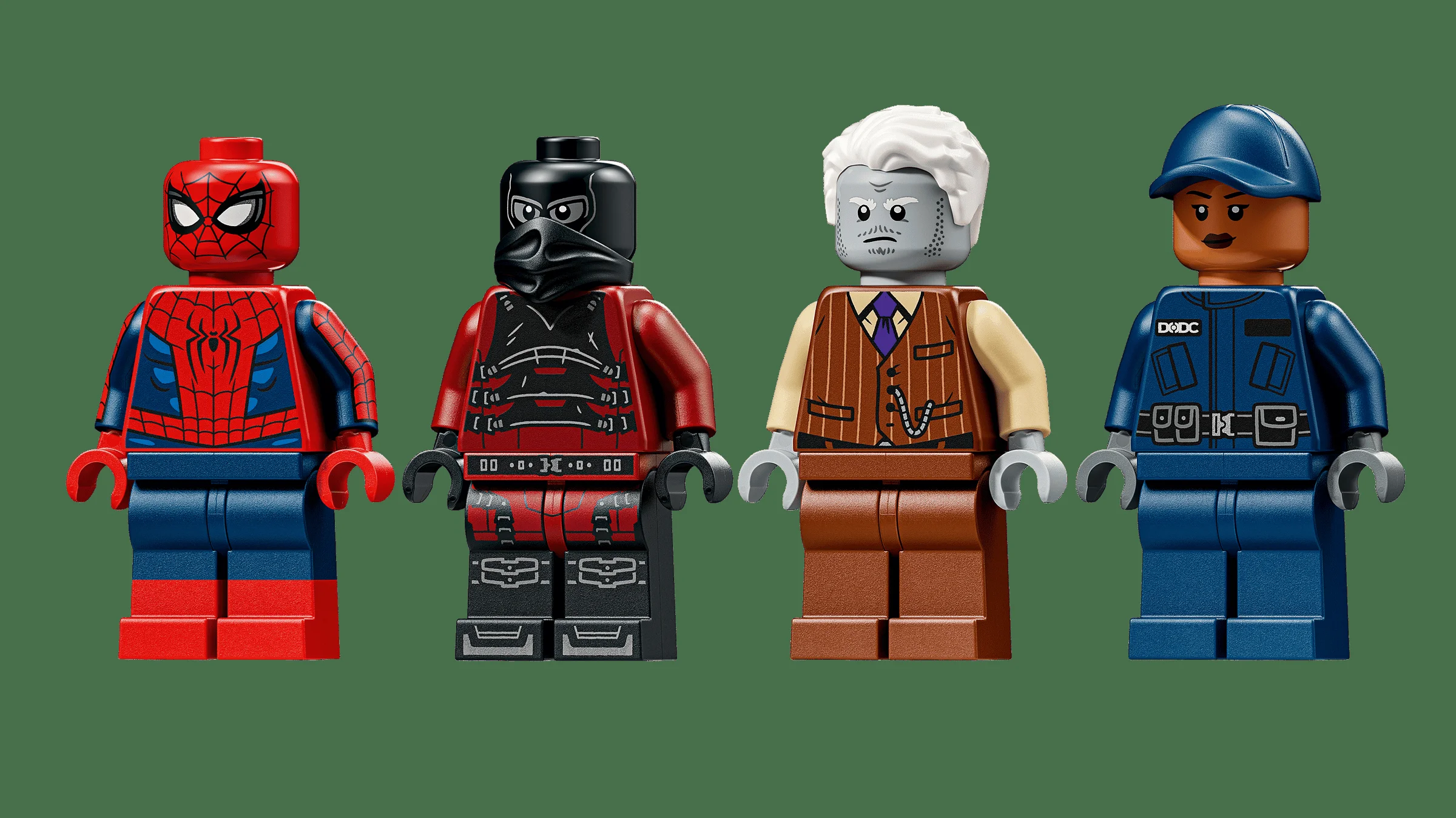 Prim-plan cu minifigurinele setului: Spider-Man, Scorpion, Doctor Octopus, gardian.