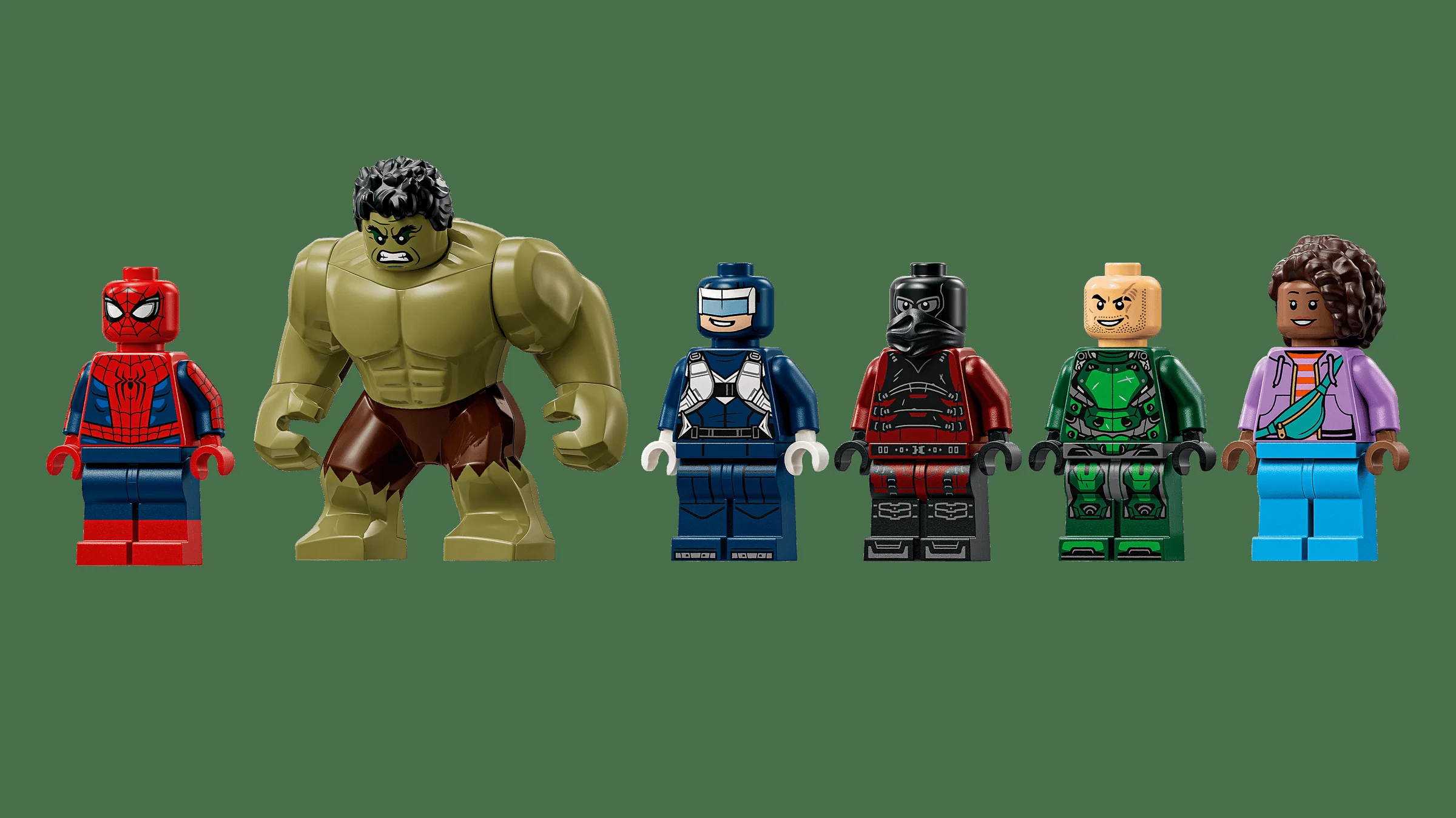 Prezentare minifigurine LEGO Marvel Spider-Man vs. Hulk: Spiderman, Hulk, și alții.