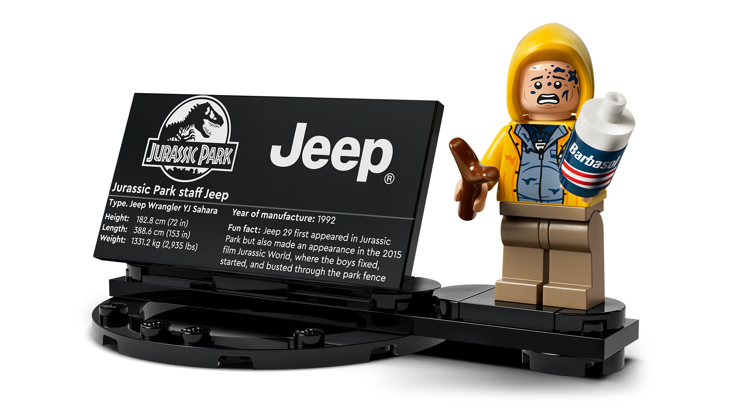 Prezentare detaliată a minifigurinei Dennis Nedry și a plăcii informative Jurassic Park Jeep.