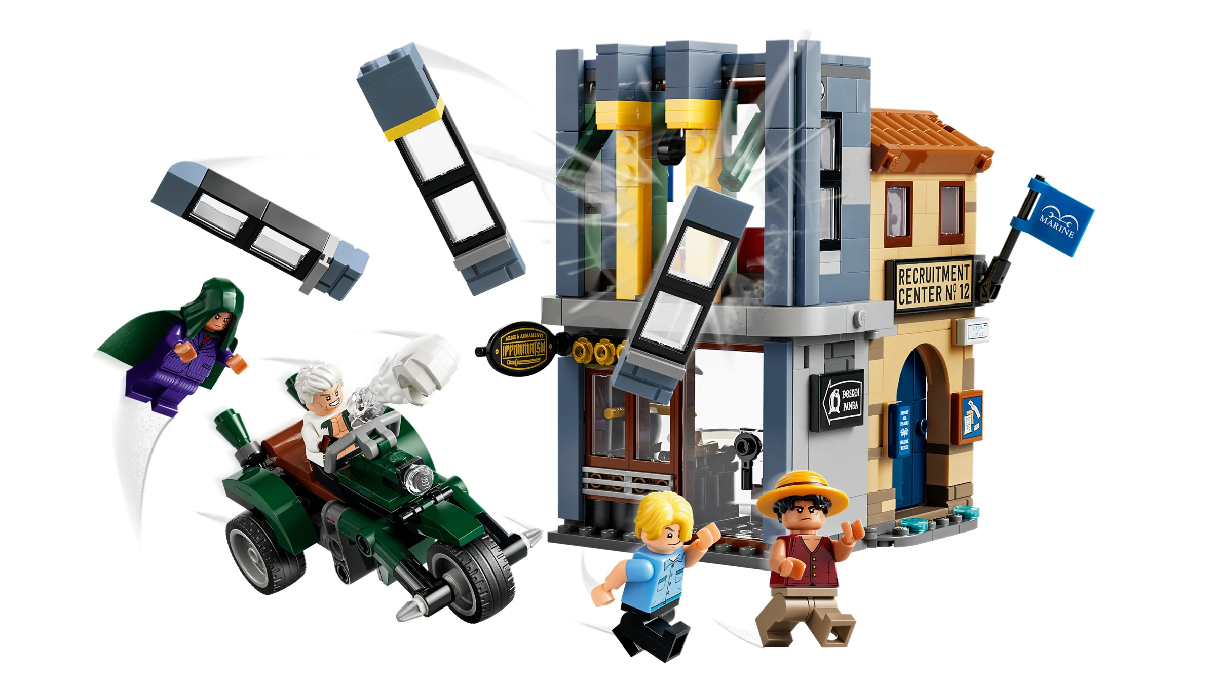 O scenă din setul LEGO One Piece cu Smoker, Luffy și clădirea Marine în acțiune.