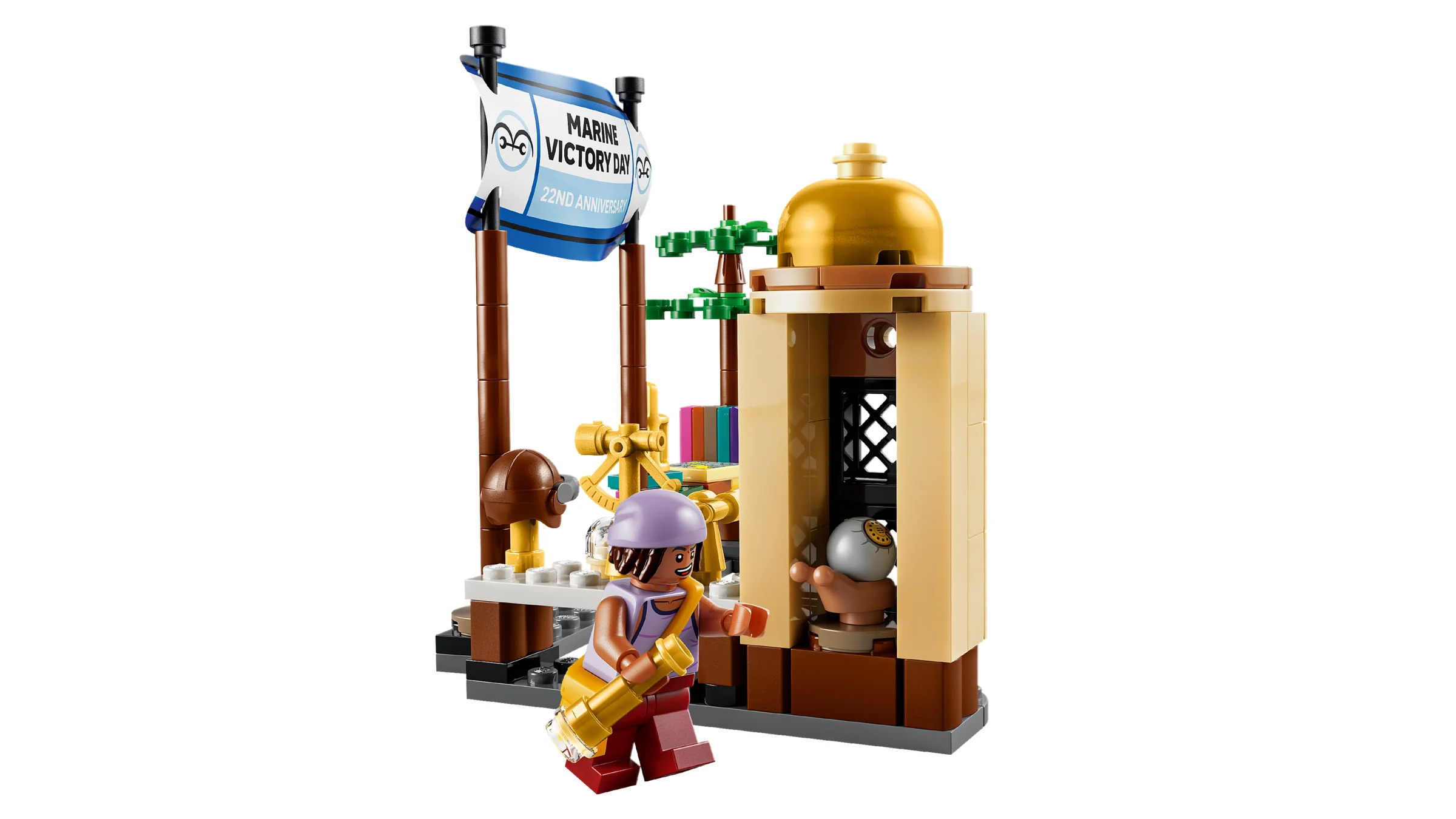 O scenă LEGO cu Garp și o clădire maritimă, cu detalii decorative.