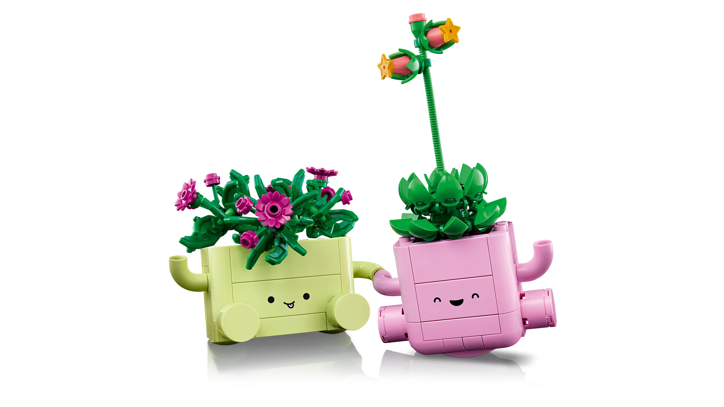 Setul LEGO 11506 prezintă două plante adorabile, în ghivece roz și verzi, zâmbitoare.