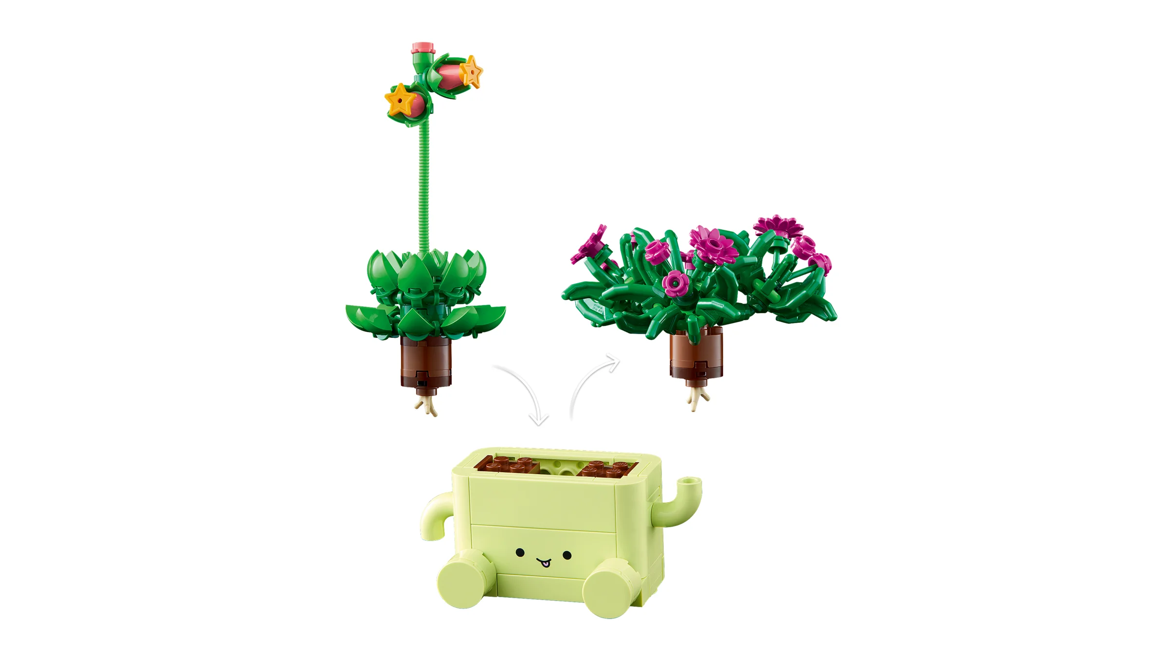 Setul LEGO Rocking Plants prezintă plante amuzante și colorate într-un ghiveci zâmbitor.