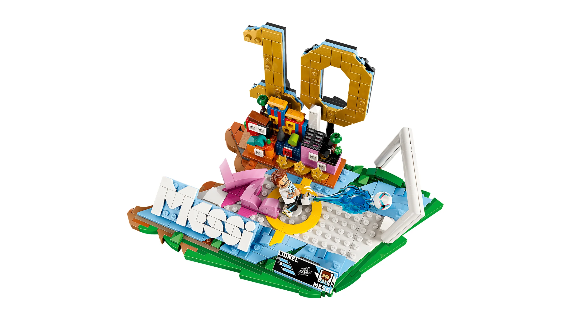 Prezentare detaliată a setului LEGO cu Lionel Messi și elemente fotbalistice.