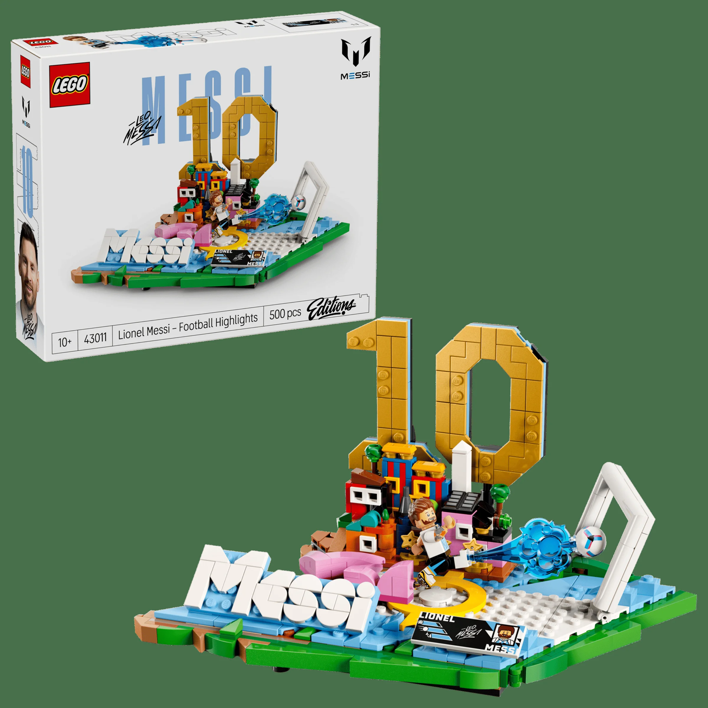 Prezentare setului LEGO 43011 Lionel Messi – Football Highlights și cutia sa.