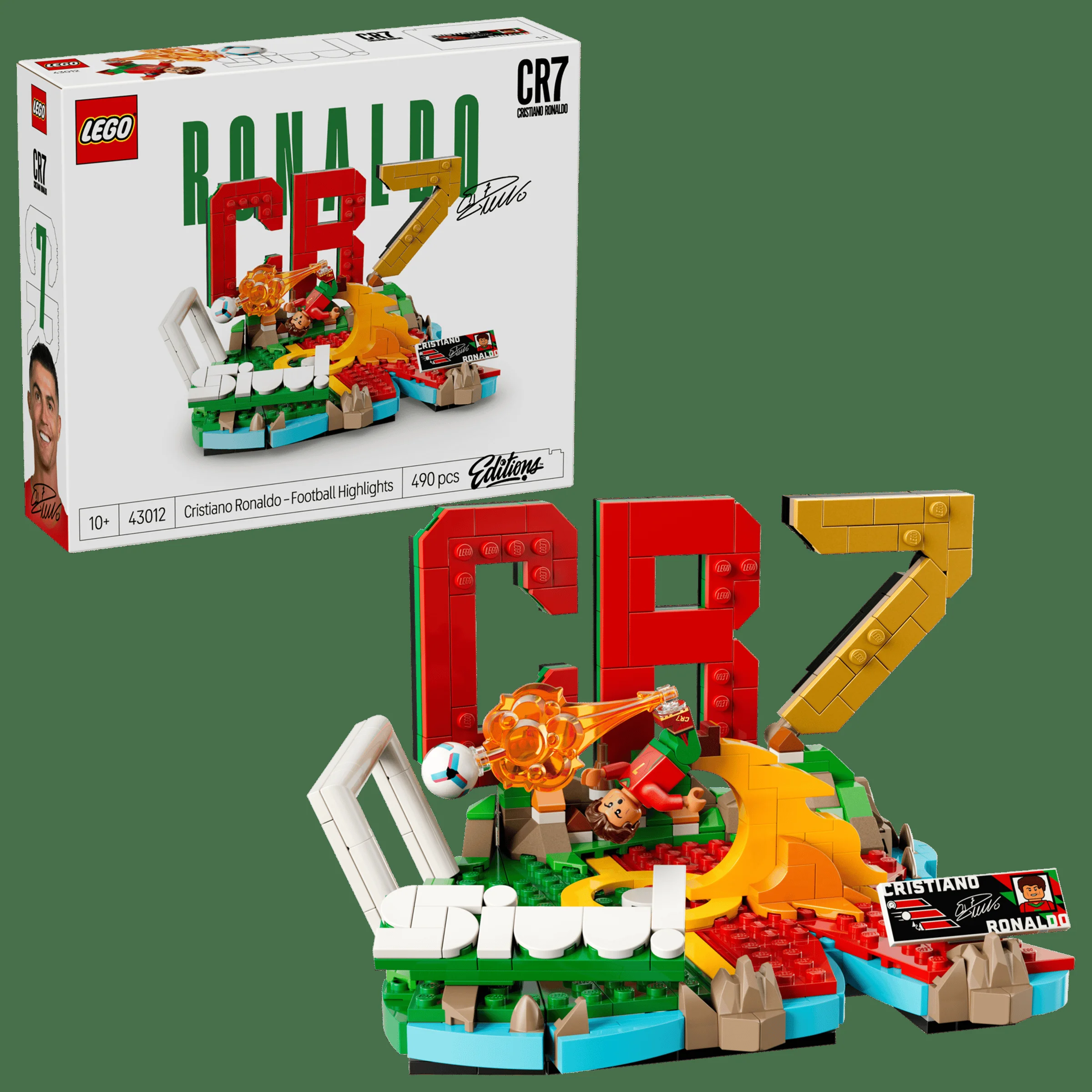 Imagine cu setul LEGO 43012 Cristiano Ronaldo, prezentând modelul construit și cutia. Detalii și culori vii.