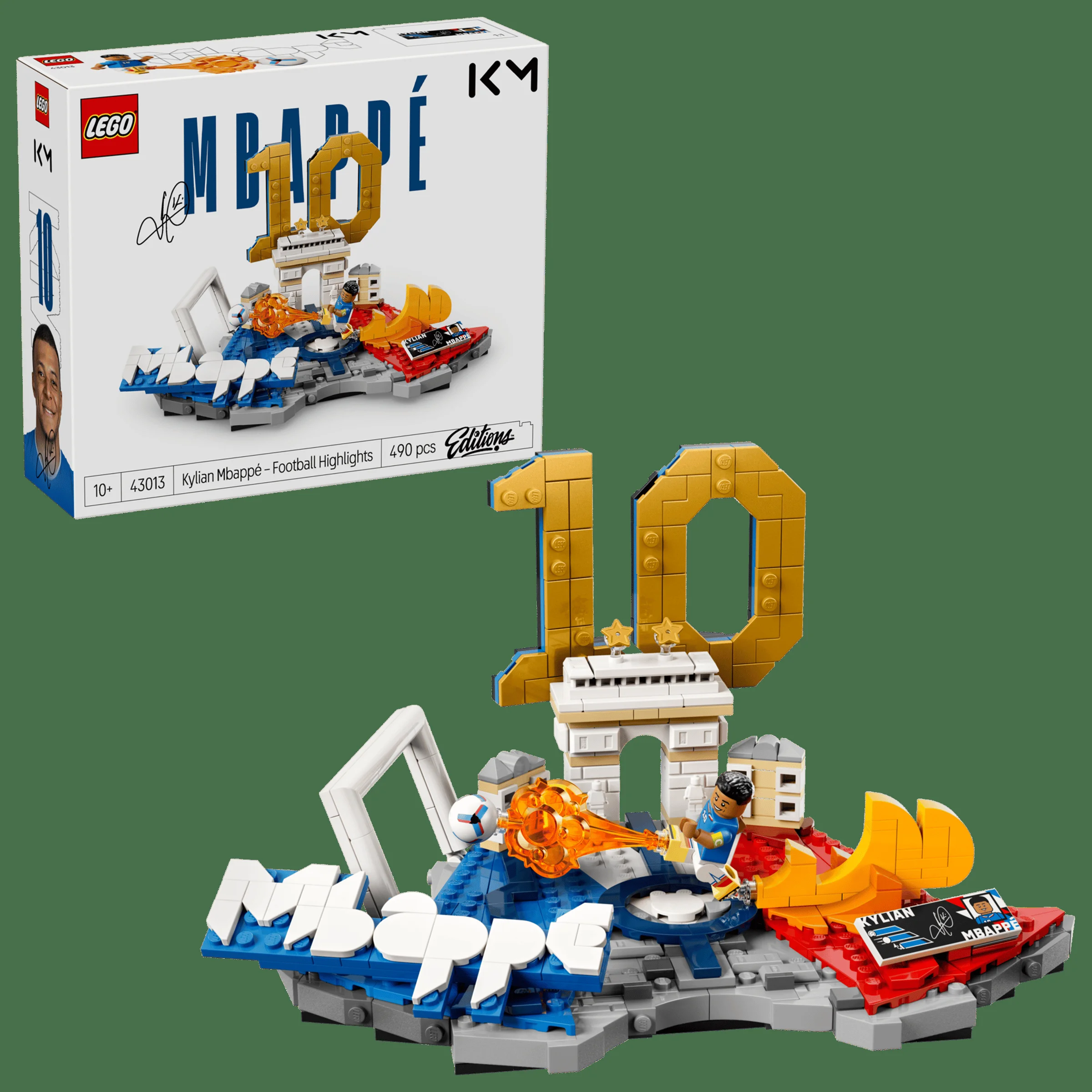 Imagine cu setul LEGO 43013 Kylian Mbappé și cutia acestuia. O idee de cadou grozavă.