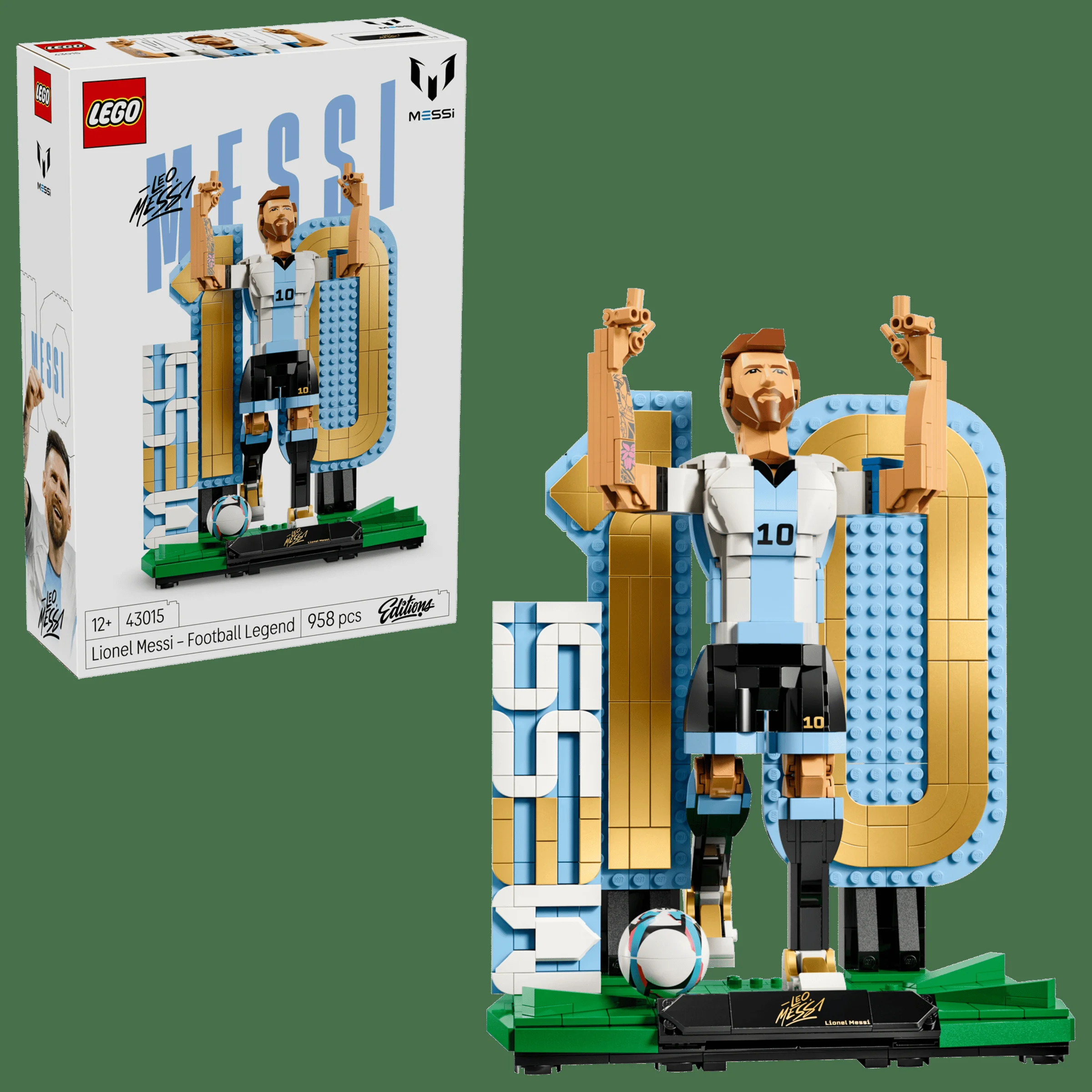 Imagine cu setul LEGO 43015 Lionel Messi, incluzând cutia și modelul construit al fotbalistului.