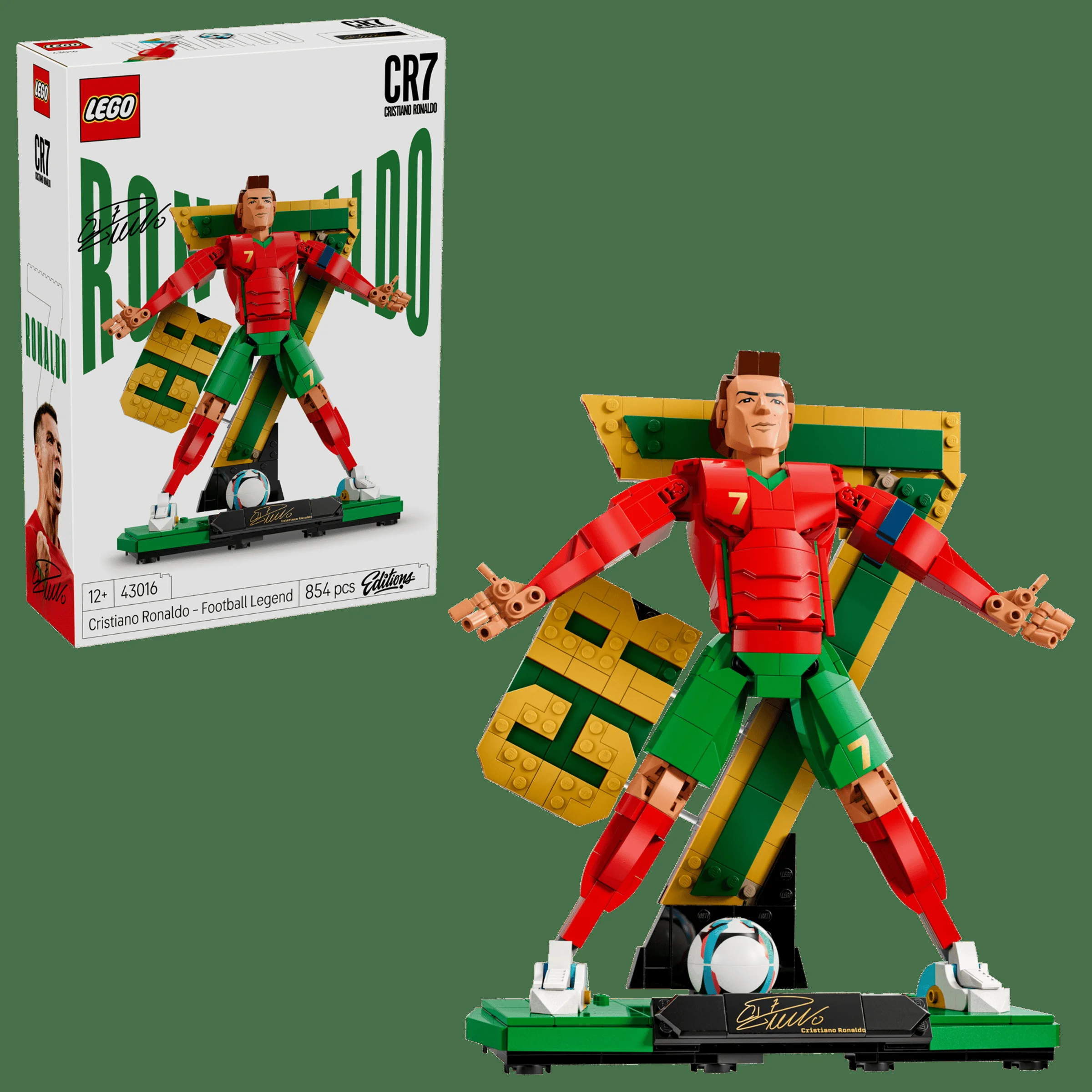 Imagine cu modelul LEGO Cristiano Ronaldo și cutia setului. O prezentare detaliată a produsului.