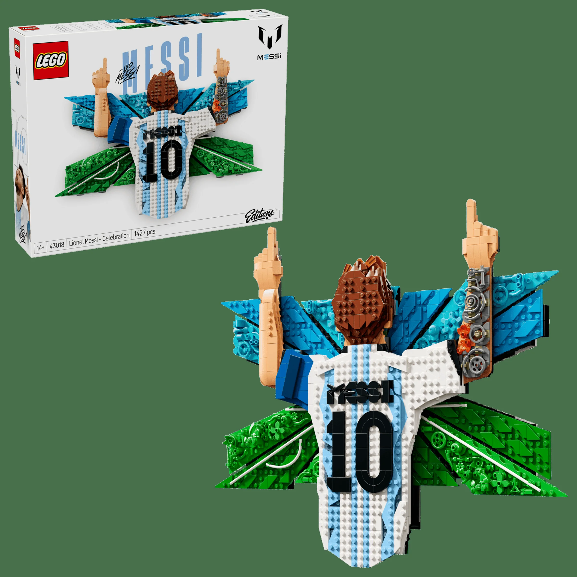Imagine cu setul LEGO 43018 Lionel Messi - Celebration, cu cutia și modelul construit.