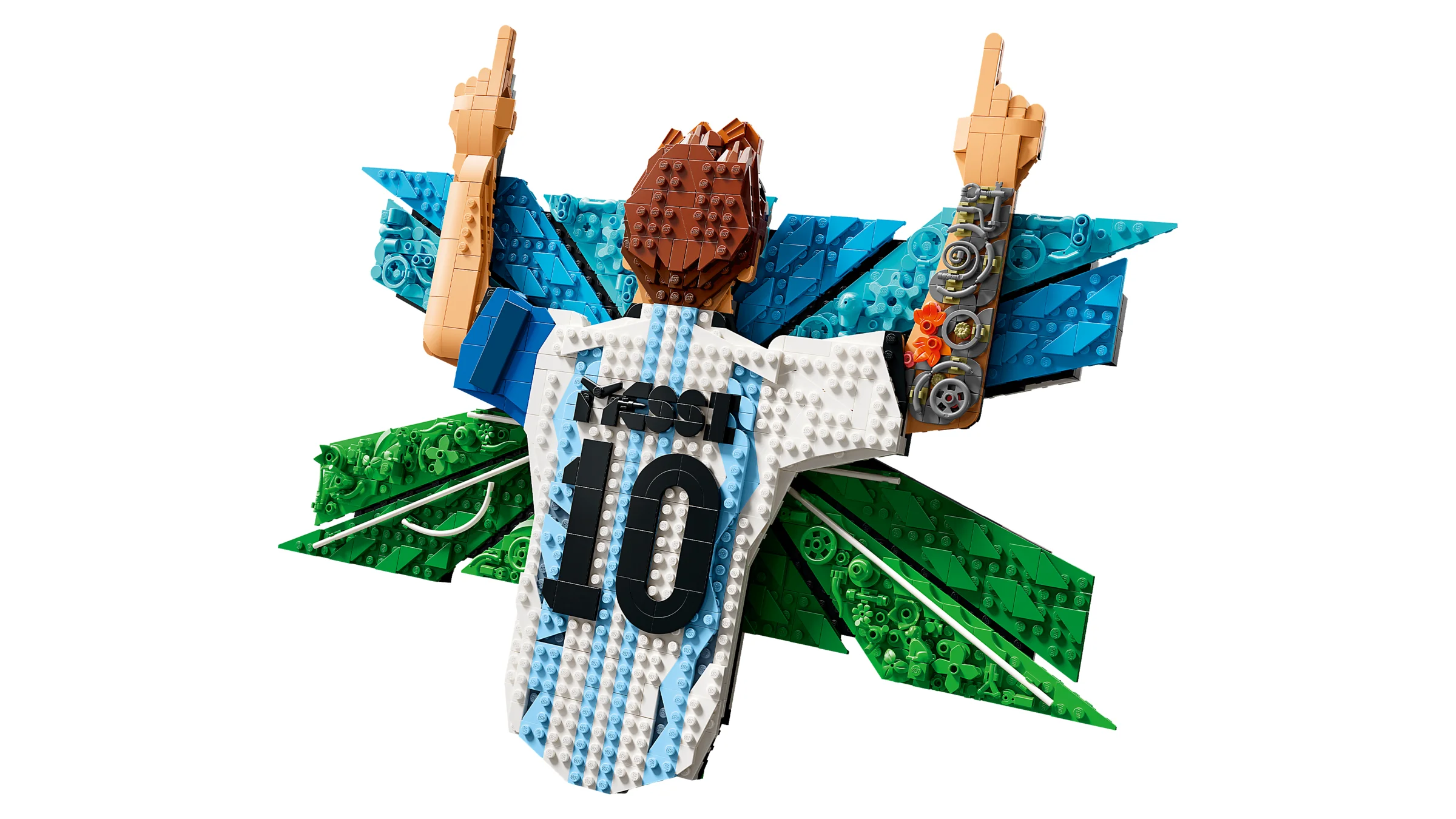 Imagine cu spatele modelului LEGO Messi, cu detalii ale tricoului și designul de bază.