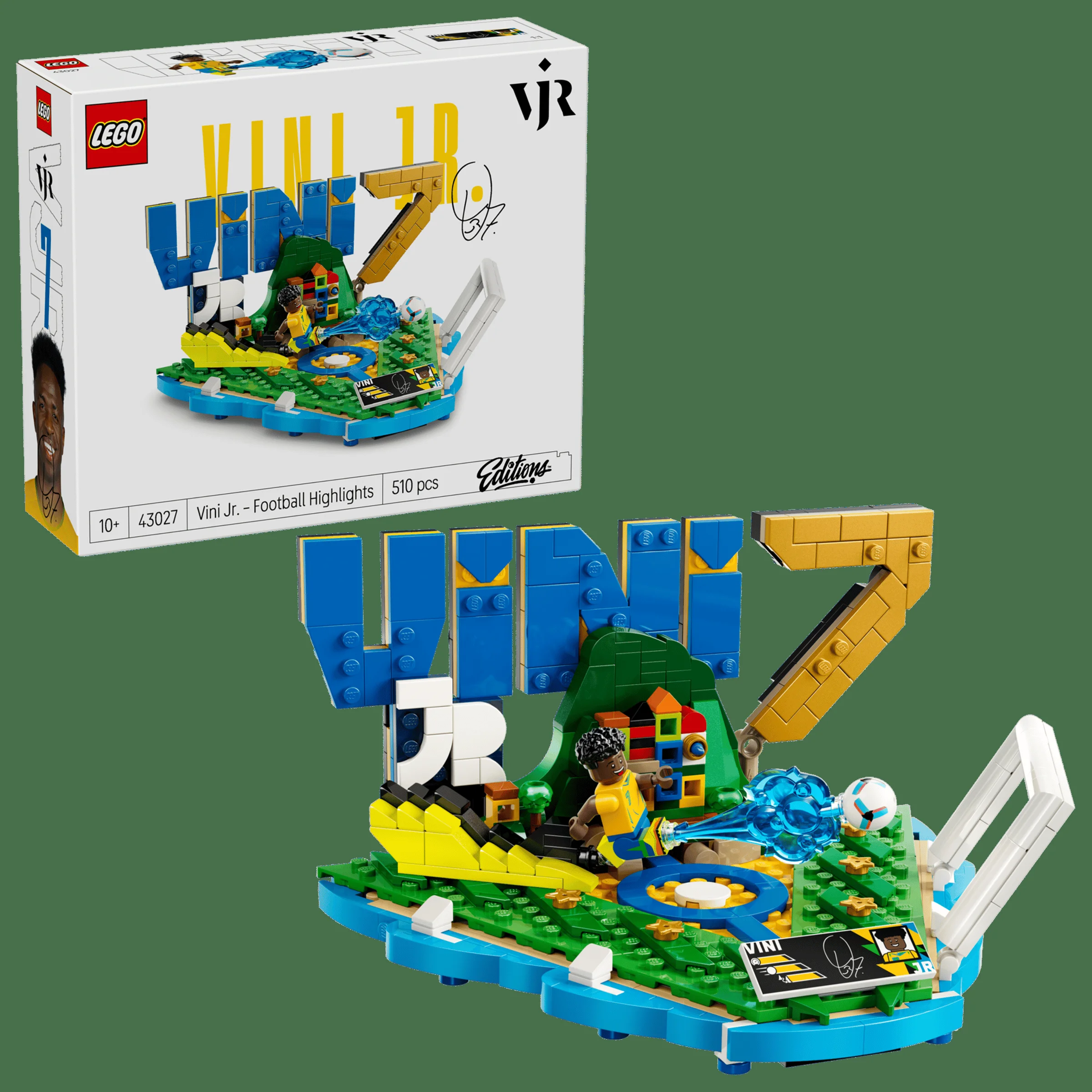 Imagine cu produsul LEGO 43027 Vini Jr. – Football Highlights și cutia sa.