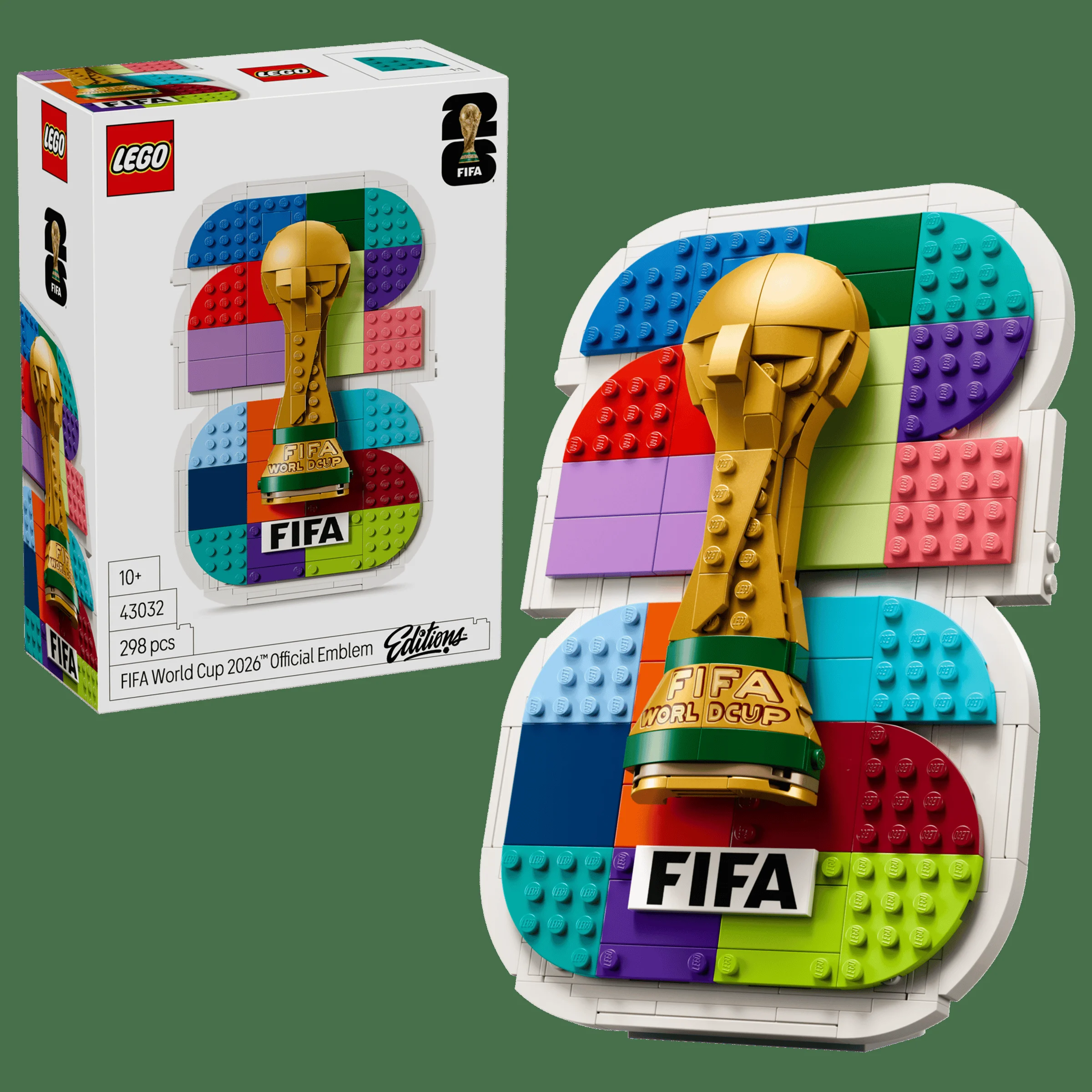 Imagine cu setul LEGO 43032 FIFA World Cup 2026, sigla oficială, și cutia produsului.