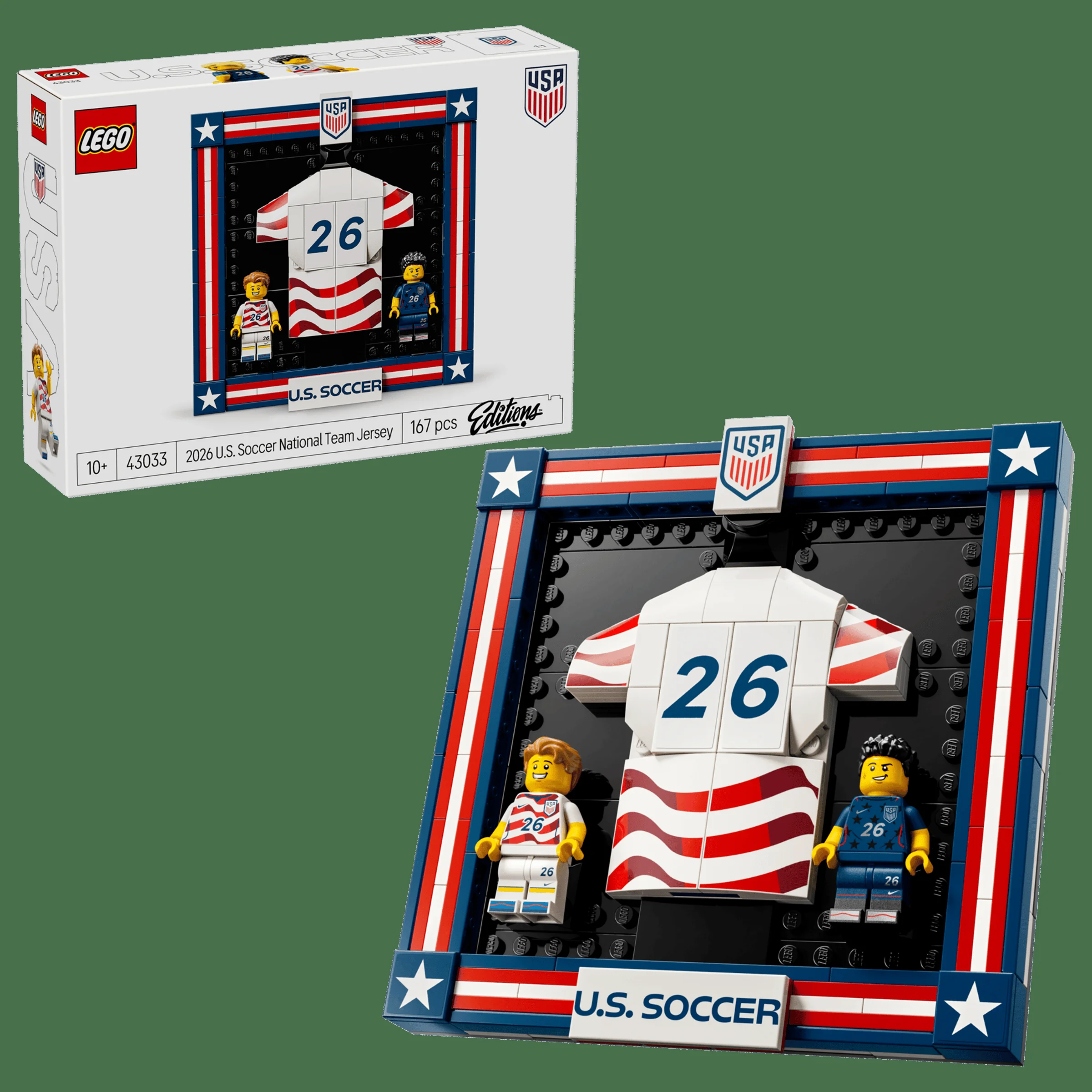 Prezentare detaliată a setului LEGO 43033, tricoul echipei de fotbal U.S. Soccer. Include minifigurine și ambalajul produsului.