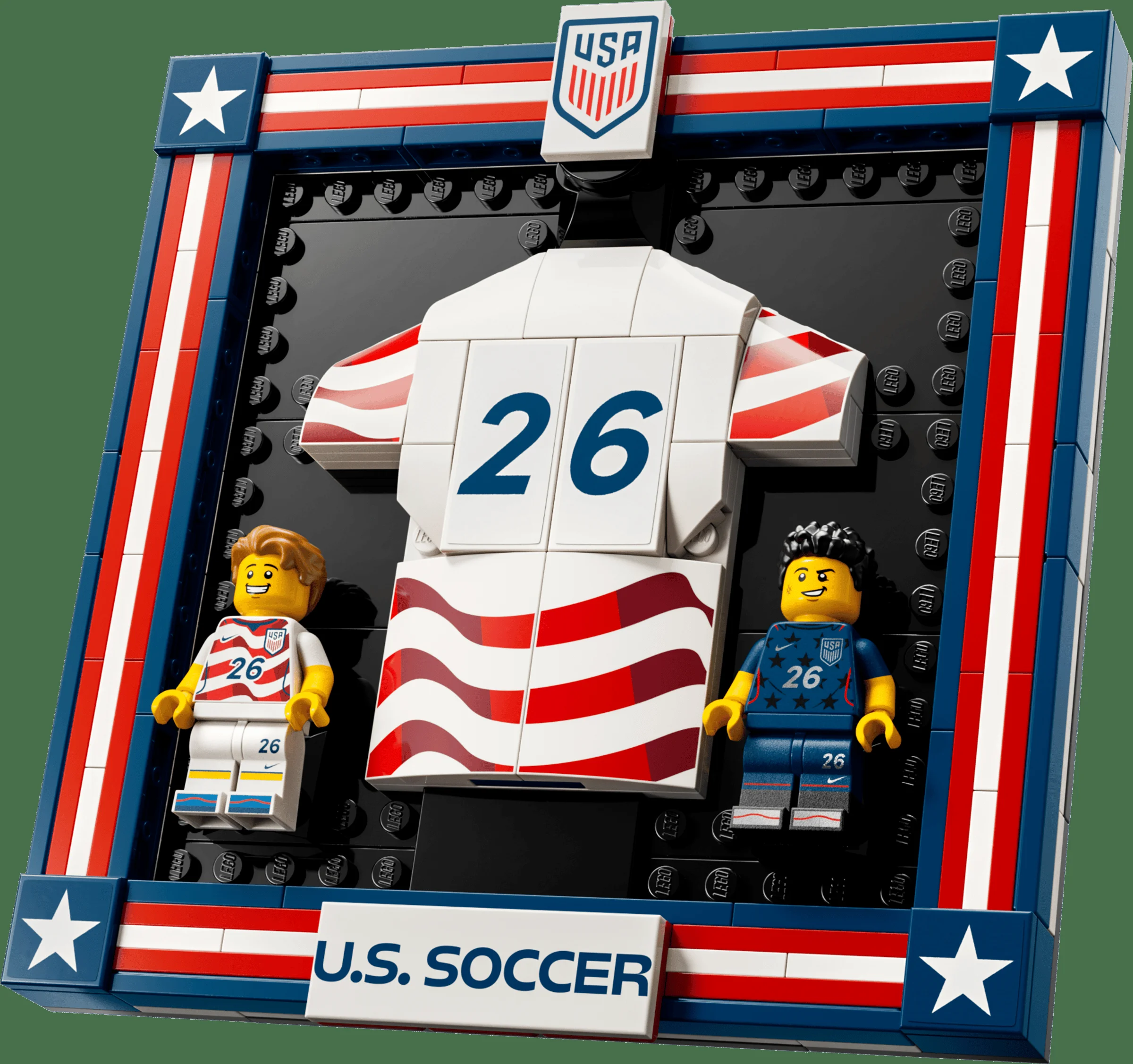 Imagine cu setul LEGO 43033, tricoul echipei U.S. Soccer, încadrat de un decor patriotic.