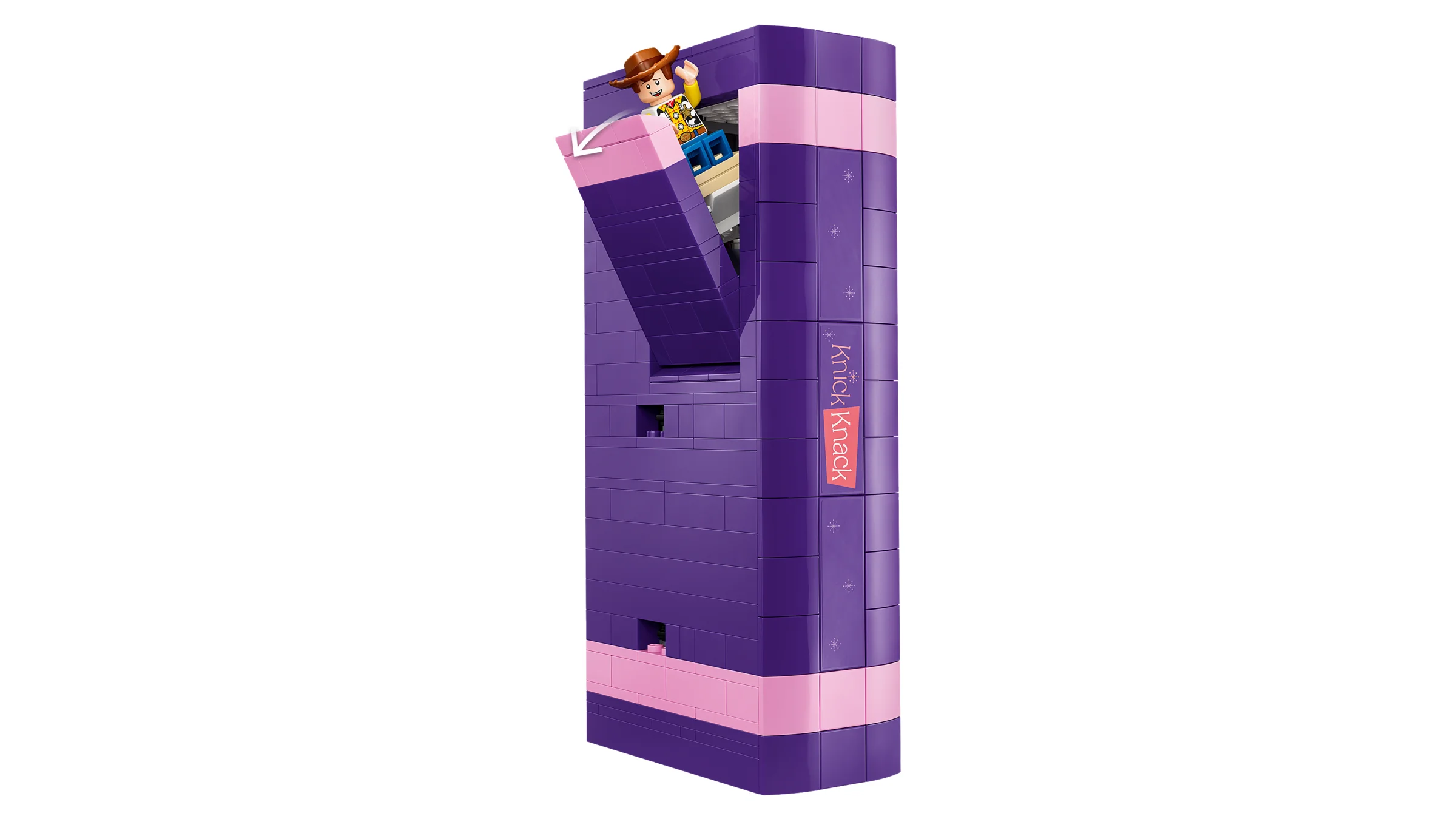 Setul LEGO 43301 prezintă un model violet cu o figurină Woody, reprezentând Slinky Dog Bookends. 