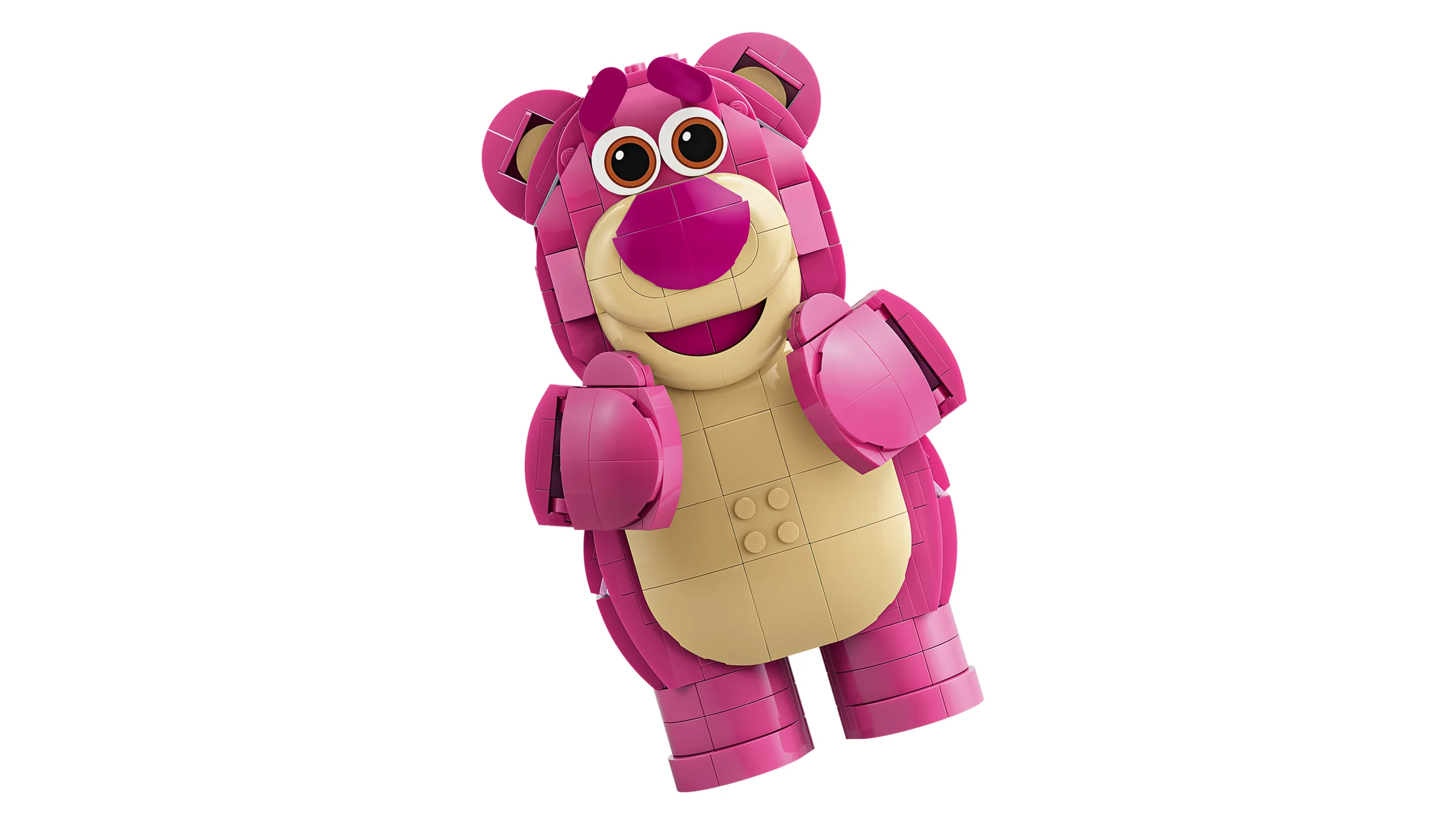 Lotso construit din LEGO, un urs roz zâmbitor. Jucărie detaliată și atrăgătoare.