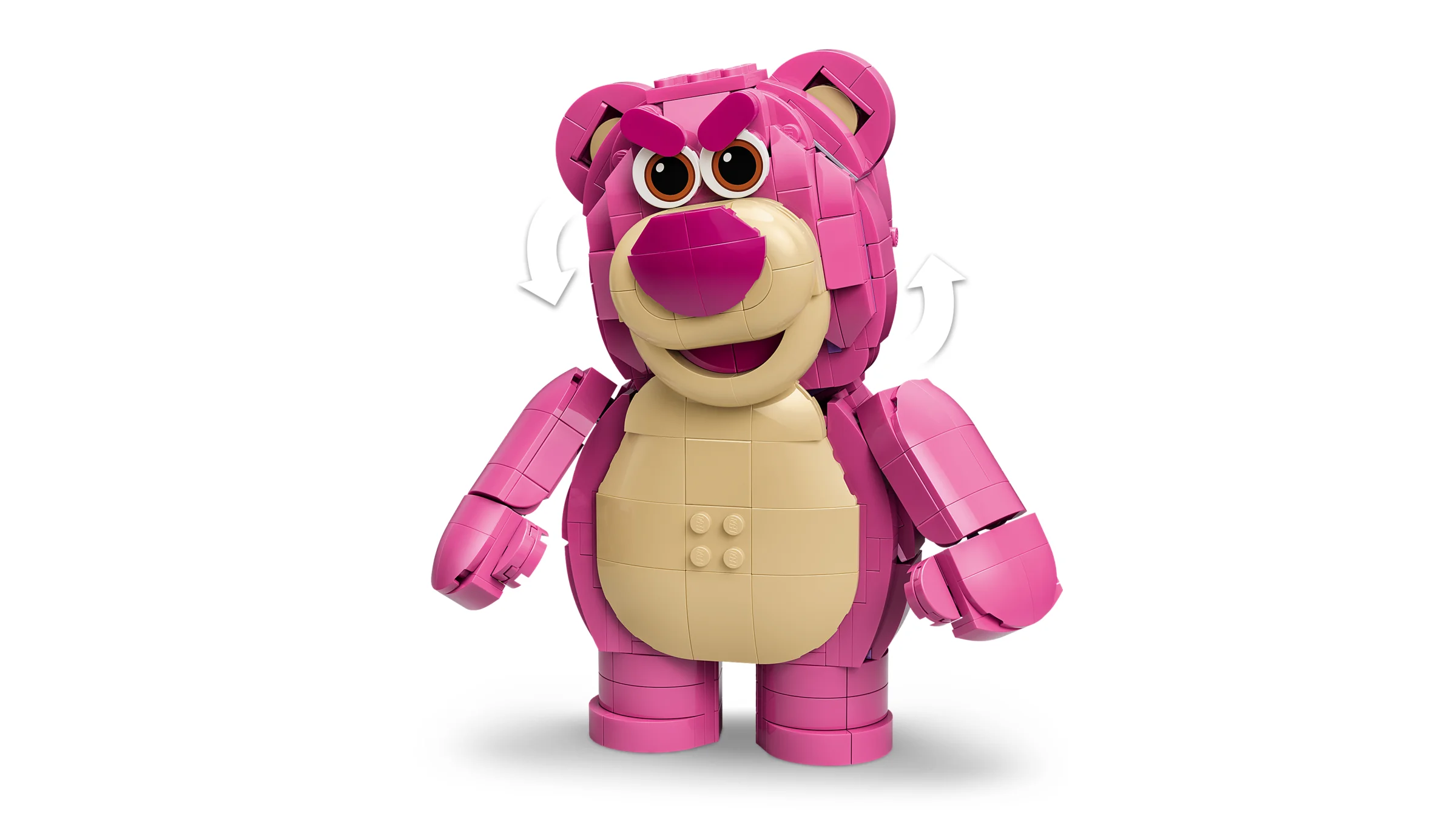Lotso LEGO, ursuleț roz zâmbitor, din cărămizi. Imagine de prezentare a produsului.