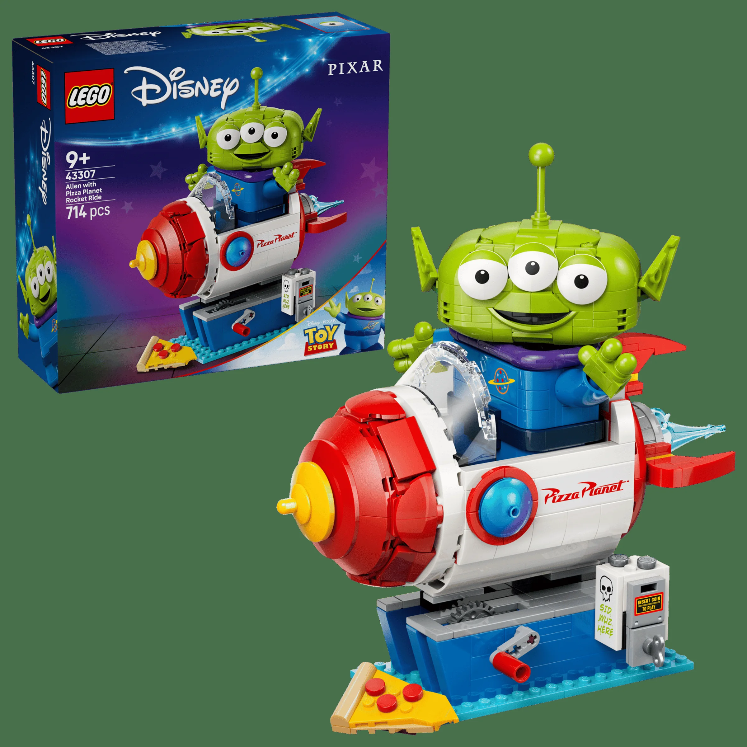 Imagine detaliată cu setul LEGO 43307, „Alien cu rachetă Pizza Planet”, cu cutia și modelul asamblat.