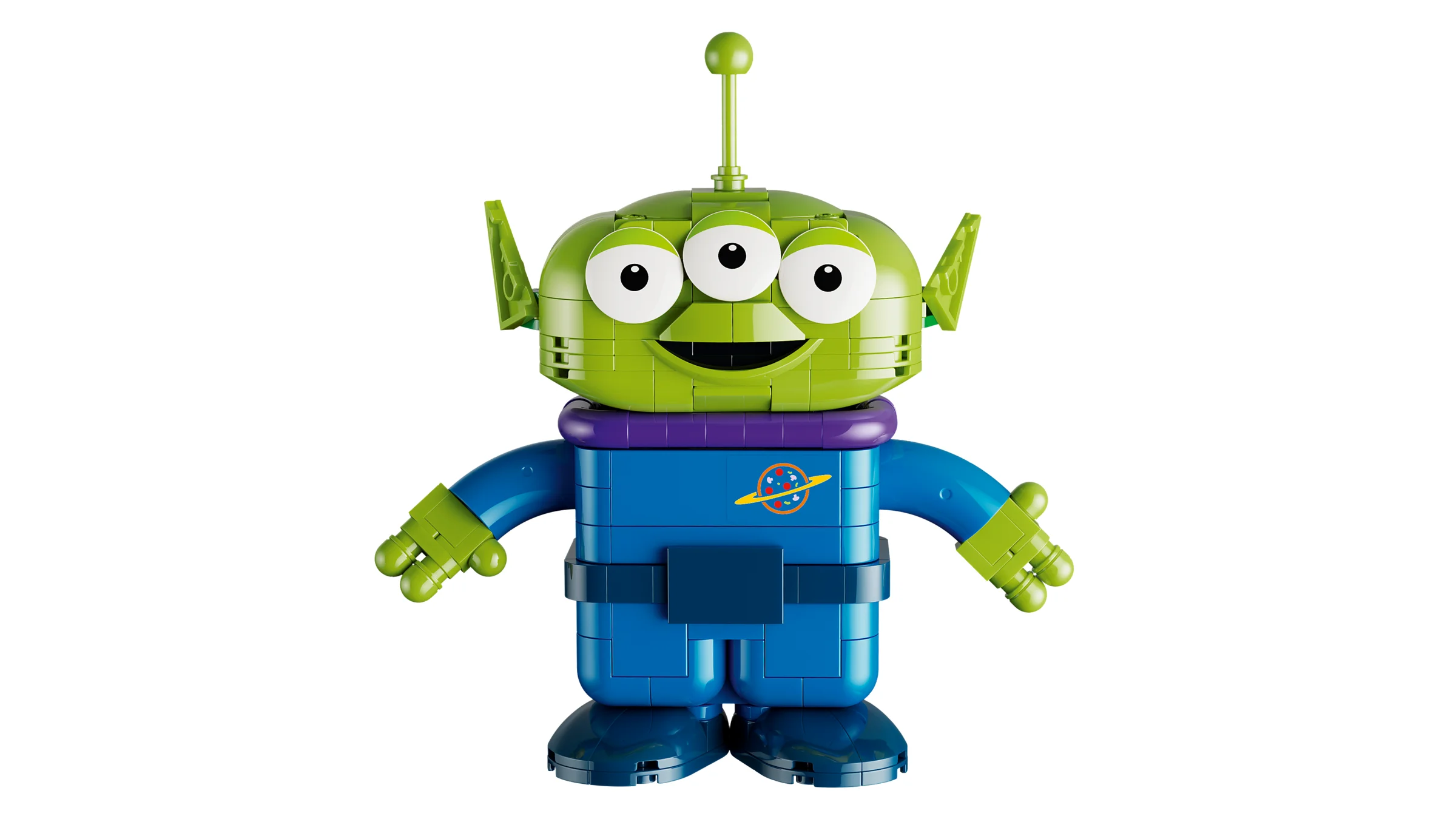 Imagine cu un extraterestru LEGO verde din Toy Story, cu trei ochi și o uniformă albastră.