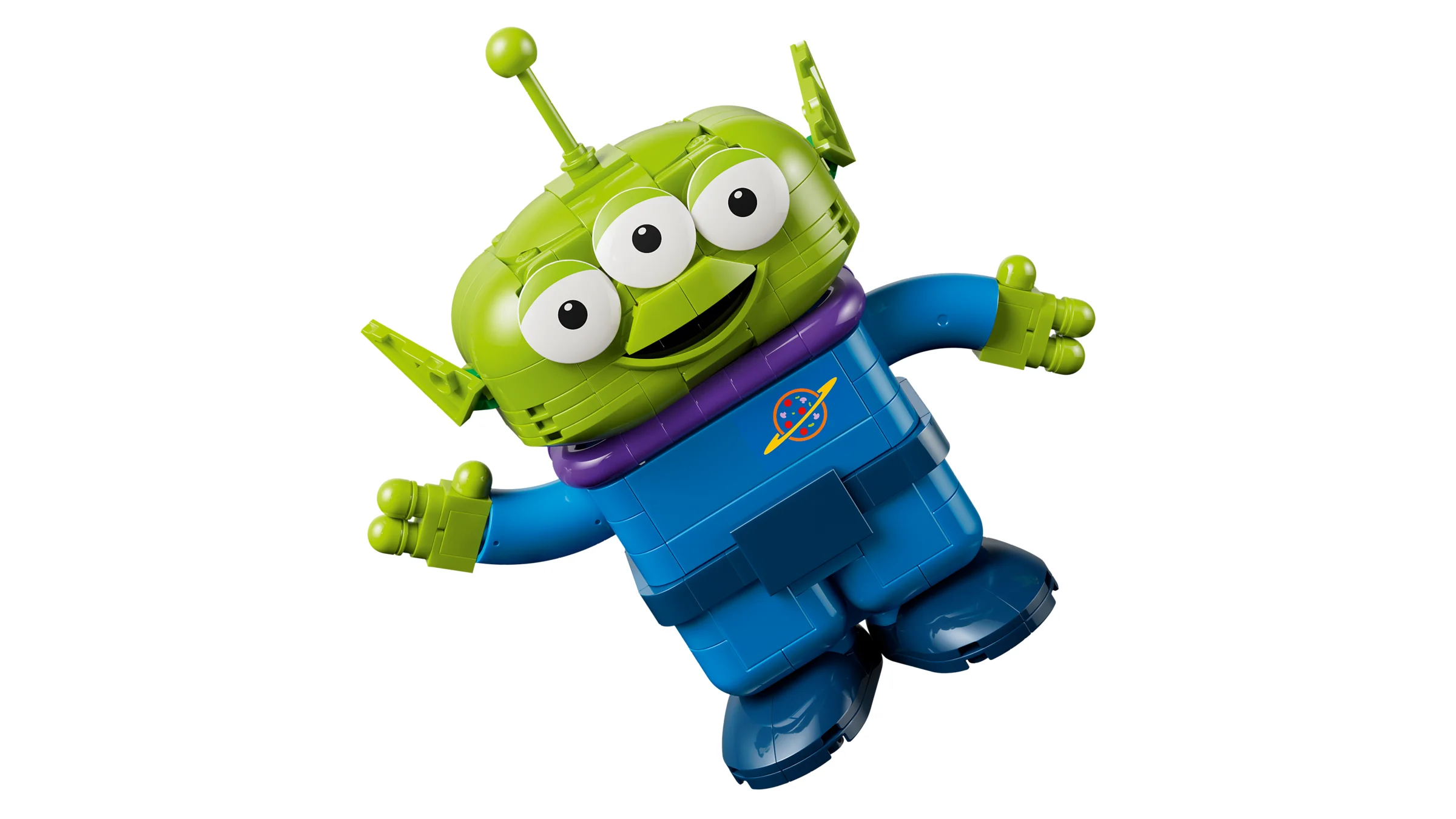 Imagine cu un extraterestru verde zâmbitor din LEGO, cu trei ochi și un costum albastru.