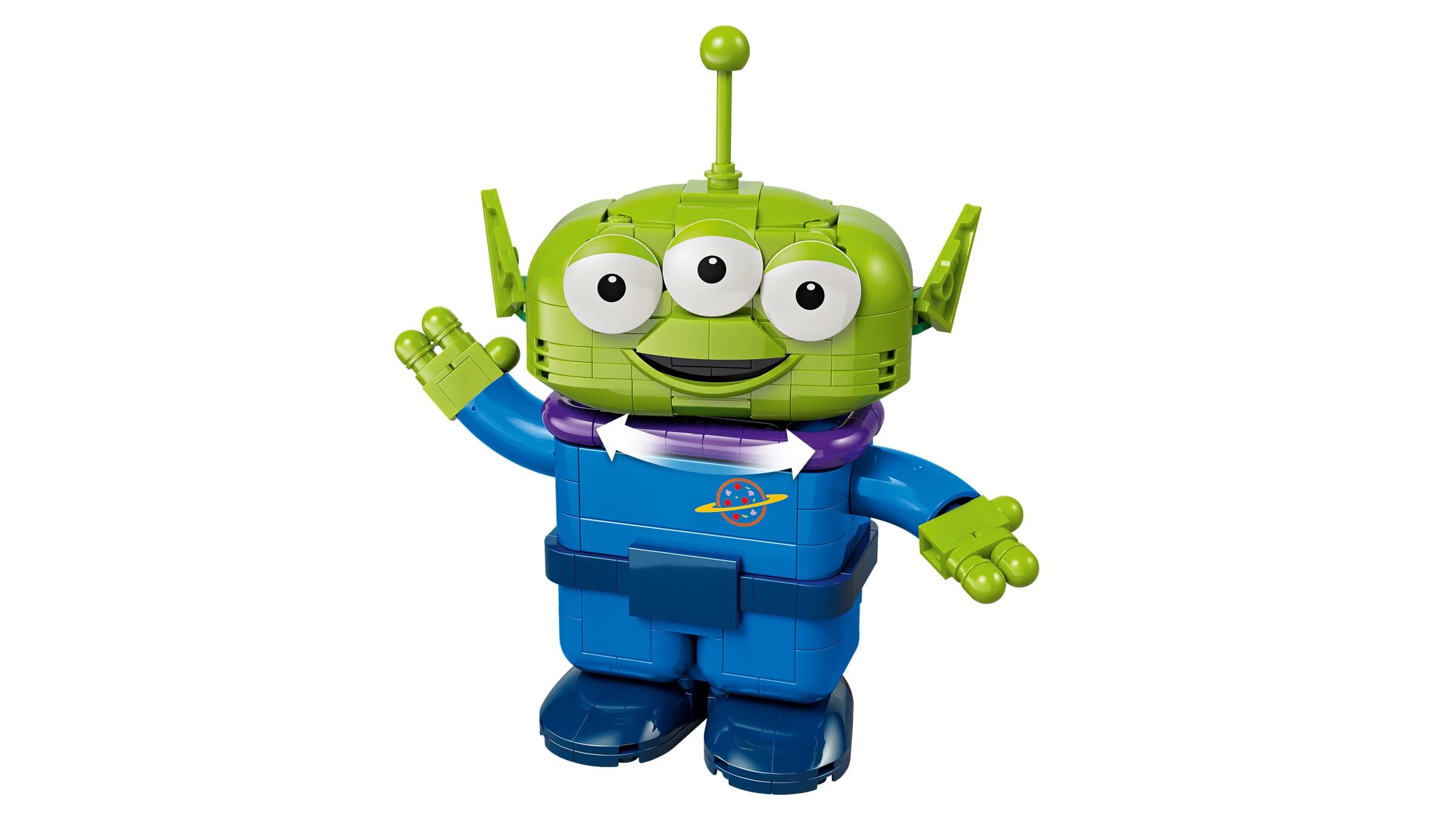 Imagine cu figurina LEGO Alien de la Pizza Planet, un personaj simpatic din Toy Story.