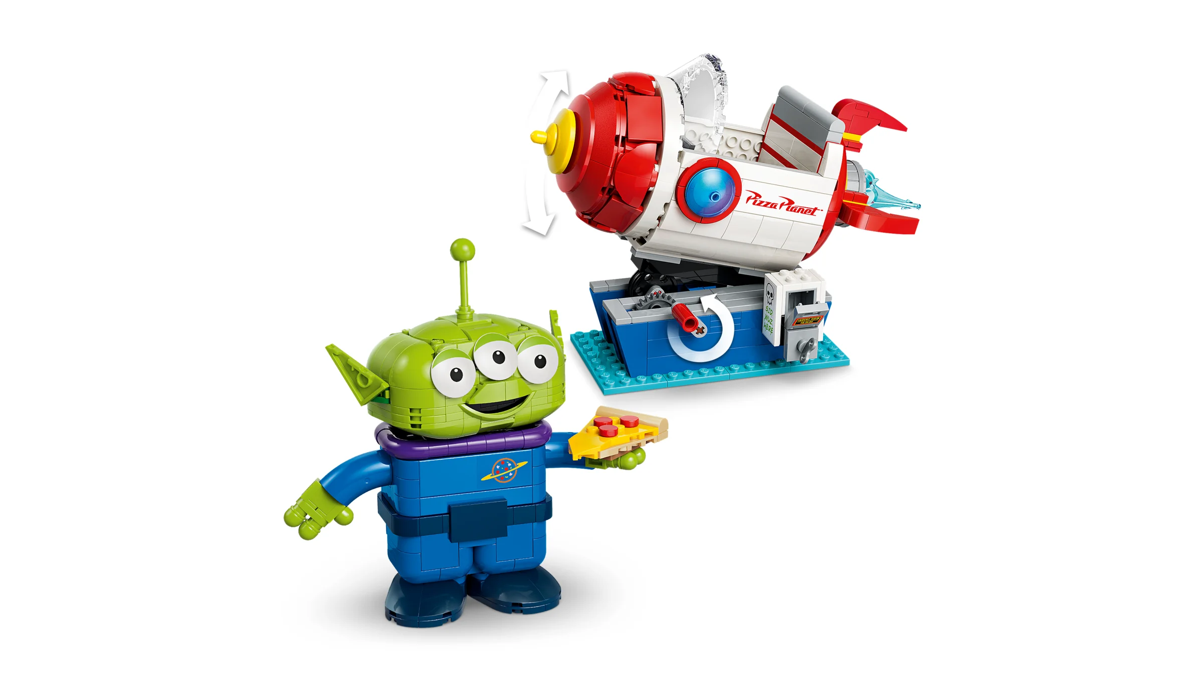 Imagine cu setul LEGO Disney 43307, „Extraterestru cu plimbare cu rachetă Pizza Planet”.