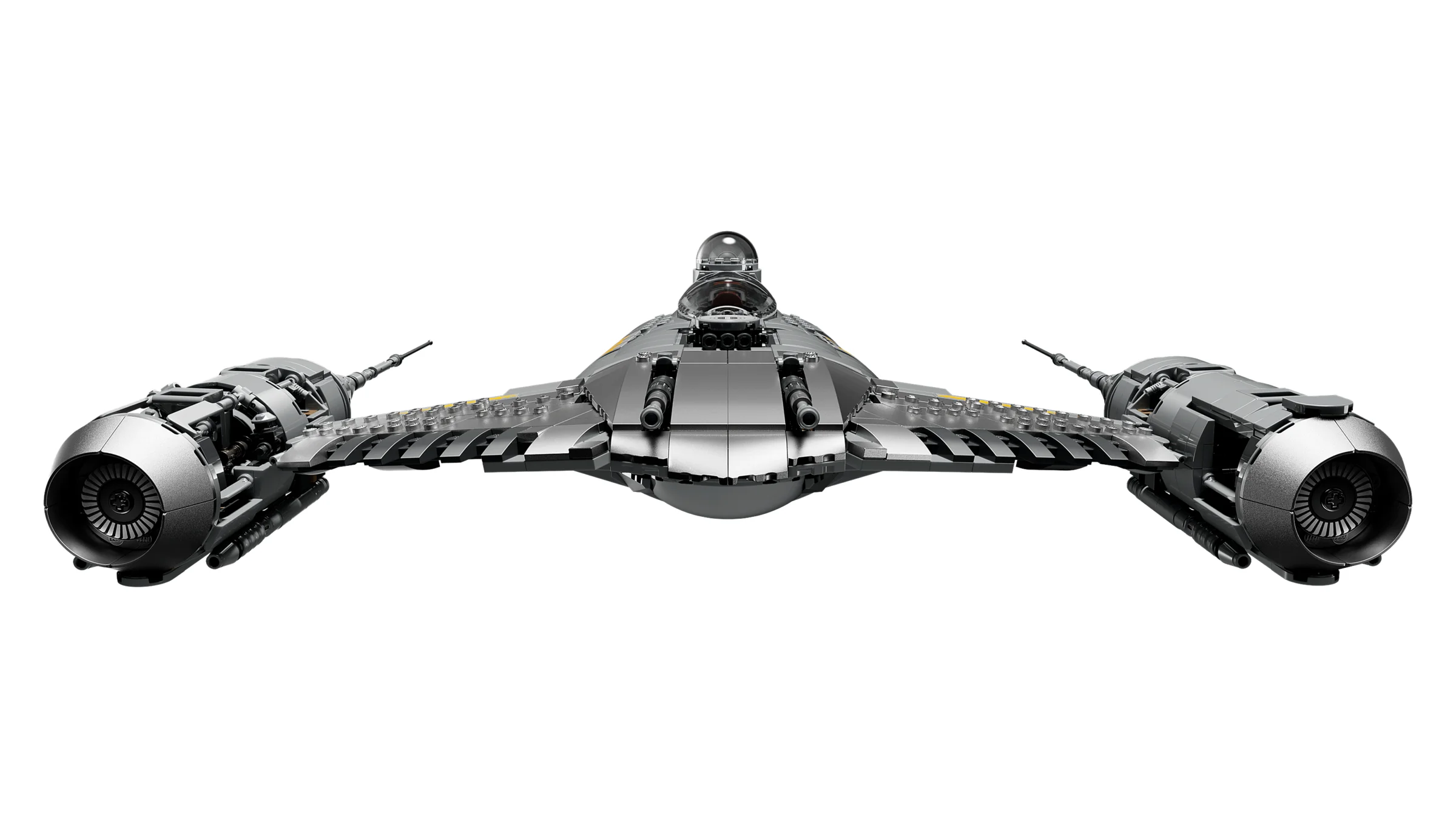 O imagine frontală a modelului LEGO N-1 Starfighter al Mandalorianului, detaliată și bine iluminată.