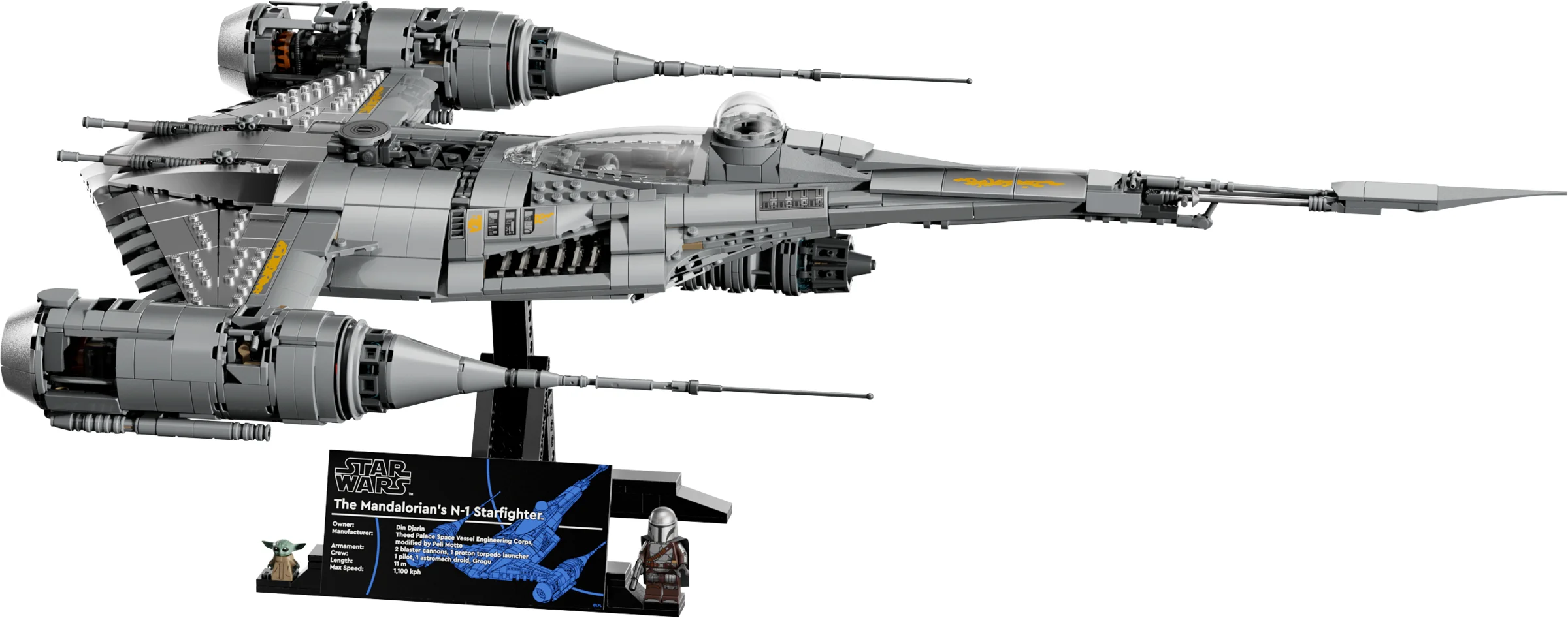 Imagine cu modelul LEGO Mandalorian's N-1 Starfighter, detaliat și expus pe un suport.