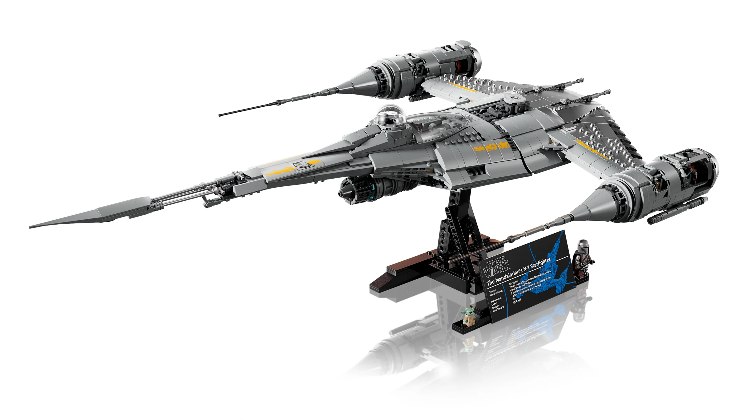 Modelul LEGO N-1 Starfighter al Mandalorianului pe un suport. Detalii și minifigurine incluse.