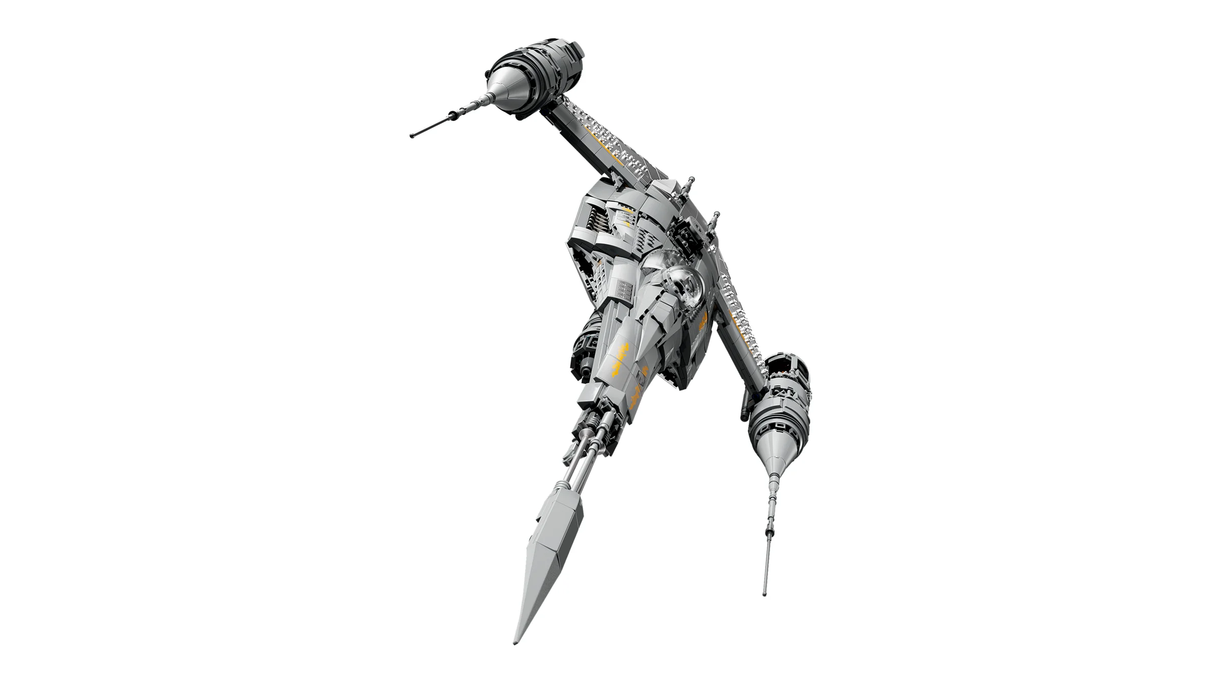 Imagine cu N-1 Starfighter-ul Mandalorianului, un model LEGO gri detaliat.