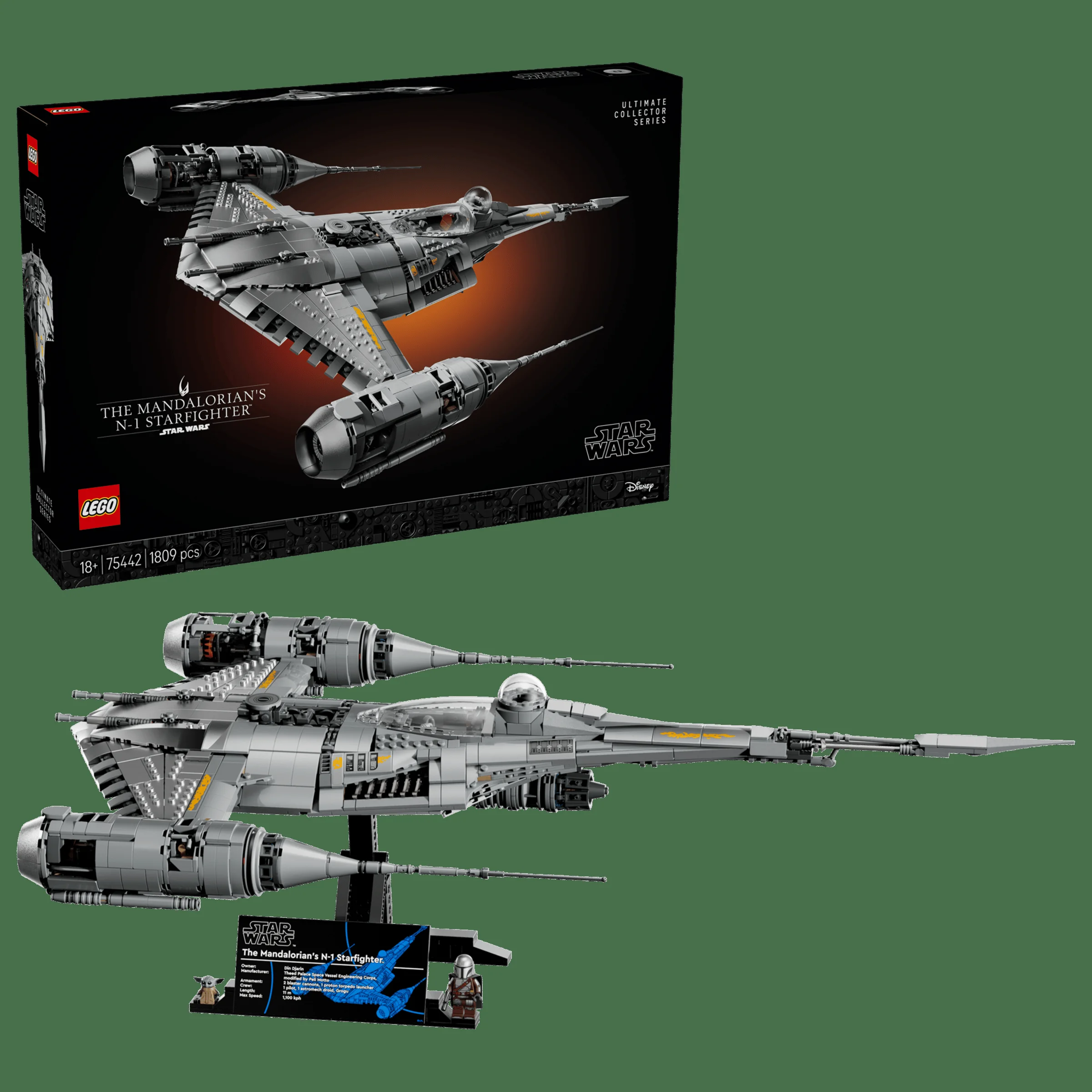 Imagine cu setul LEGO 75442, N-1 Starfighter-ul Mandalorianului, incluzând cutia și modelul asamblat.