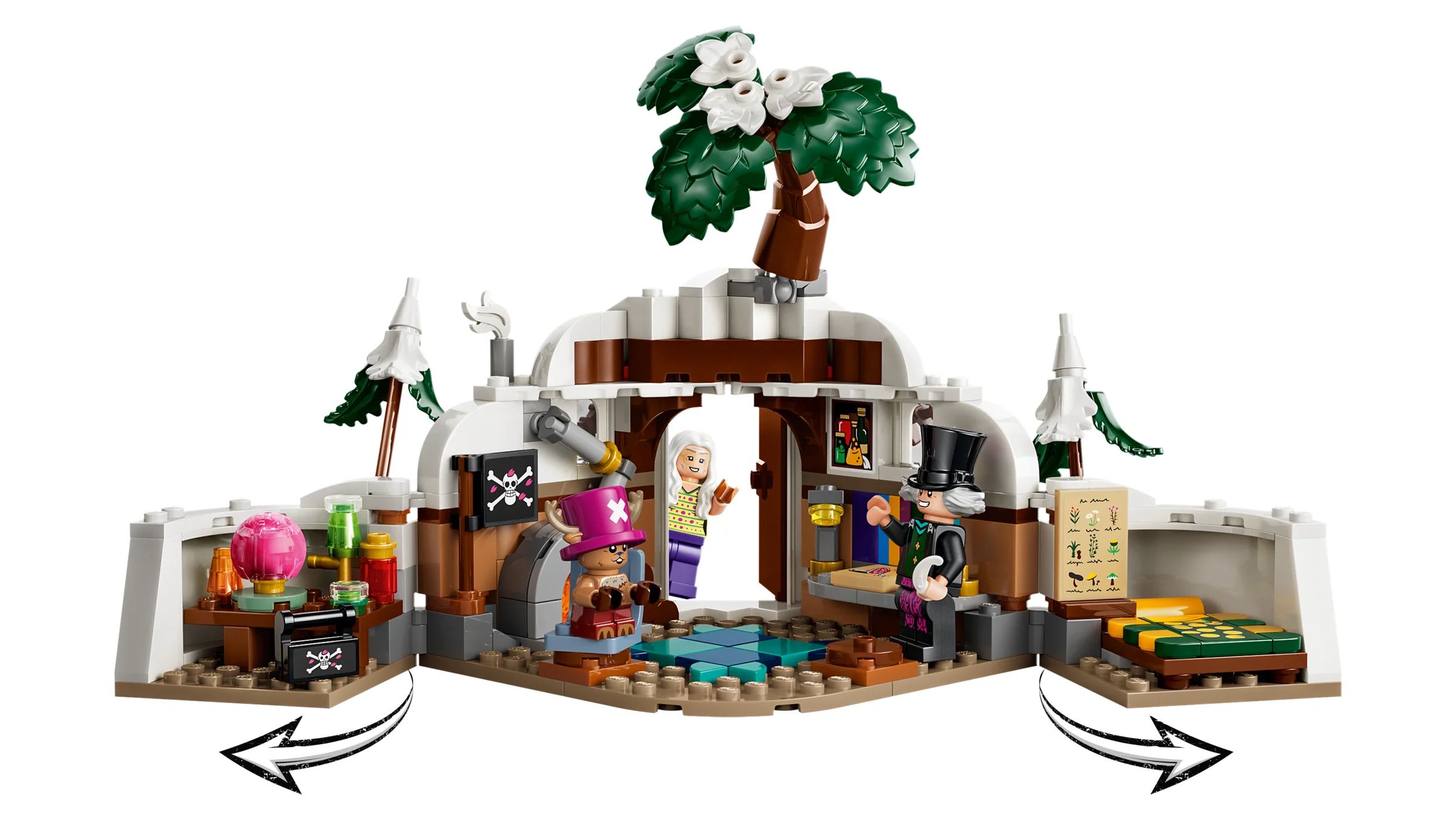 Imagine cu setul LEGO 75641, Bârlogul Dr. Hiriluk, deschis, arătând detaliile interioare și minifigurinele.