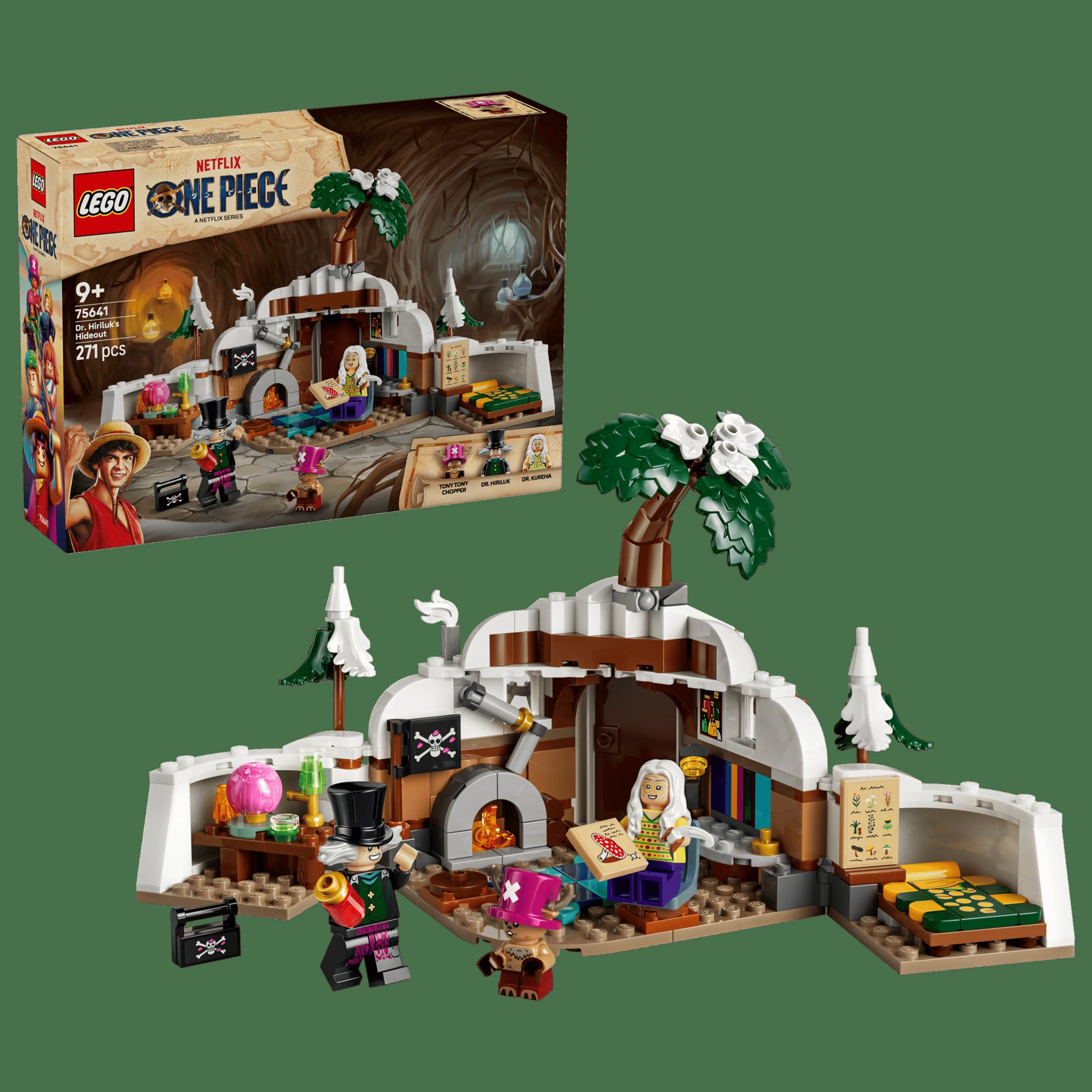 Setul LEGO 75641, Bârlogul lui Dr. Hiriluk, include minifigurine și detalii din One Piece. Imaginea prezintă modelul construit și cutia.