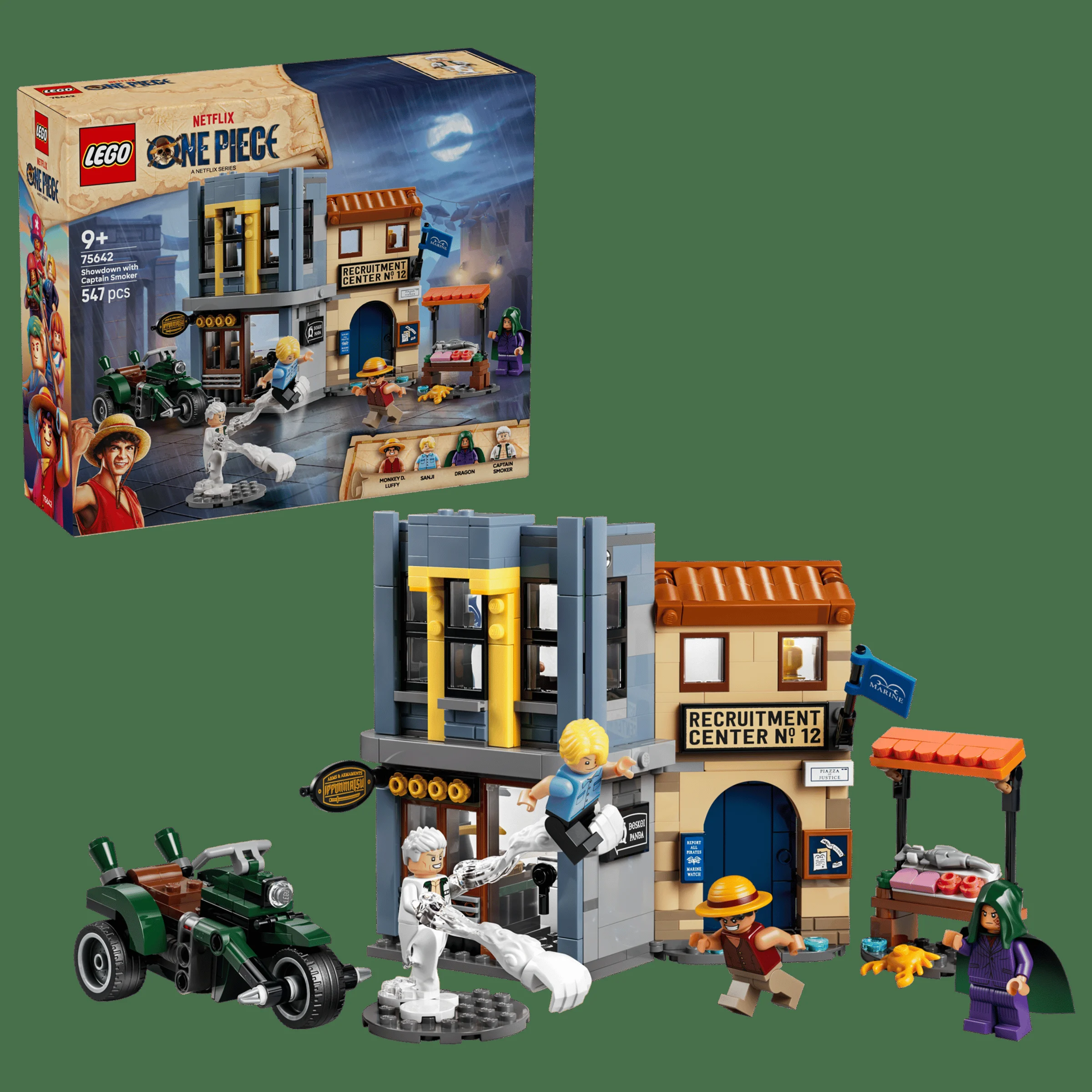 Setul LEGO One Piece 75642 îl prezintă pe Captain Smoker în acțiune. Include clădiri și minifigurine detaliate.