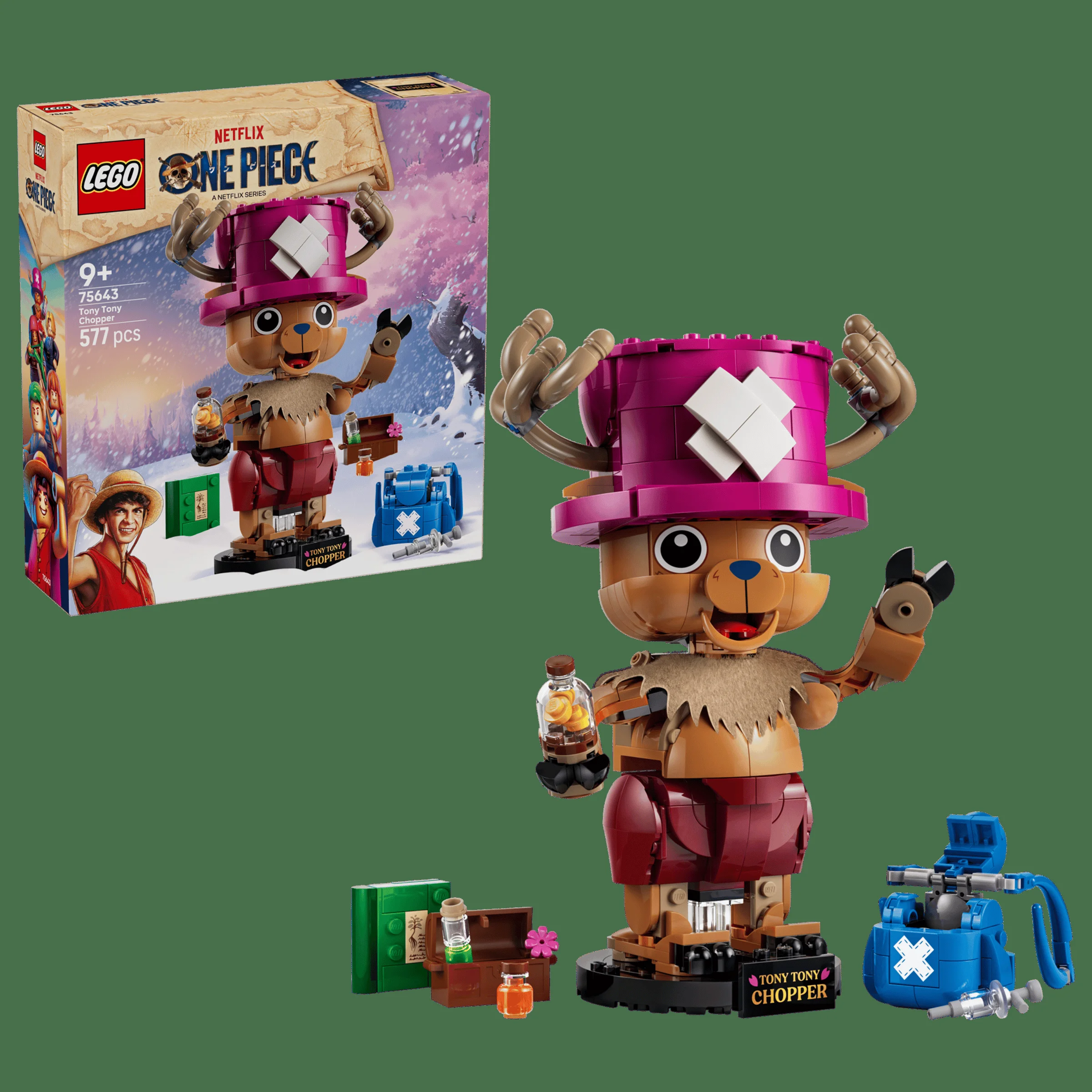 Imagine cu setul LEGO 75643 Tony Tony Chopper, cu cutia și modelul asamblat. Un cadou perfect pentru fanii One Piece!