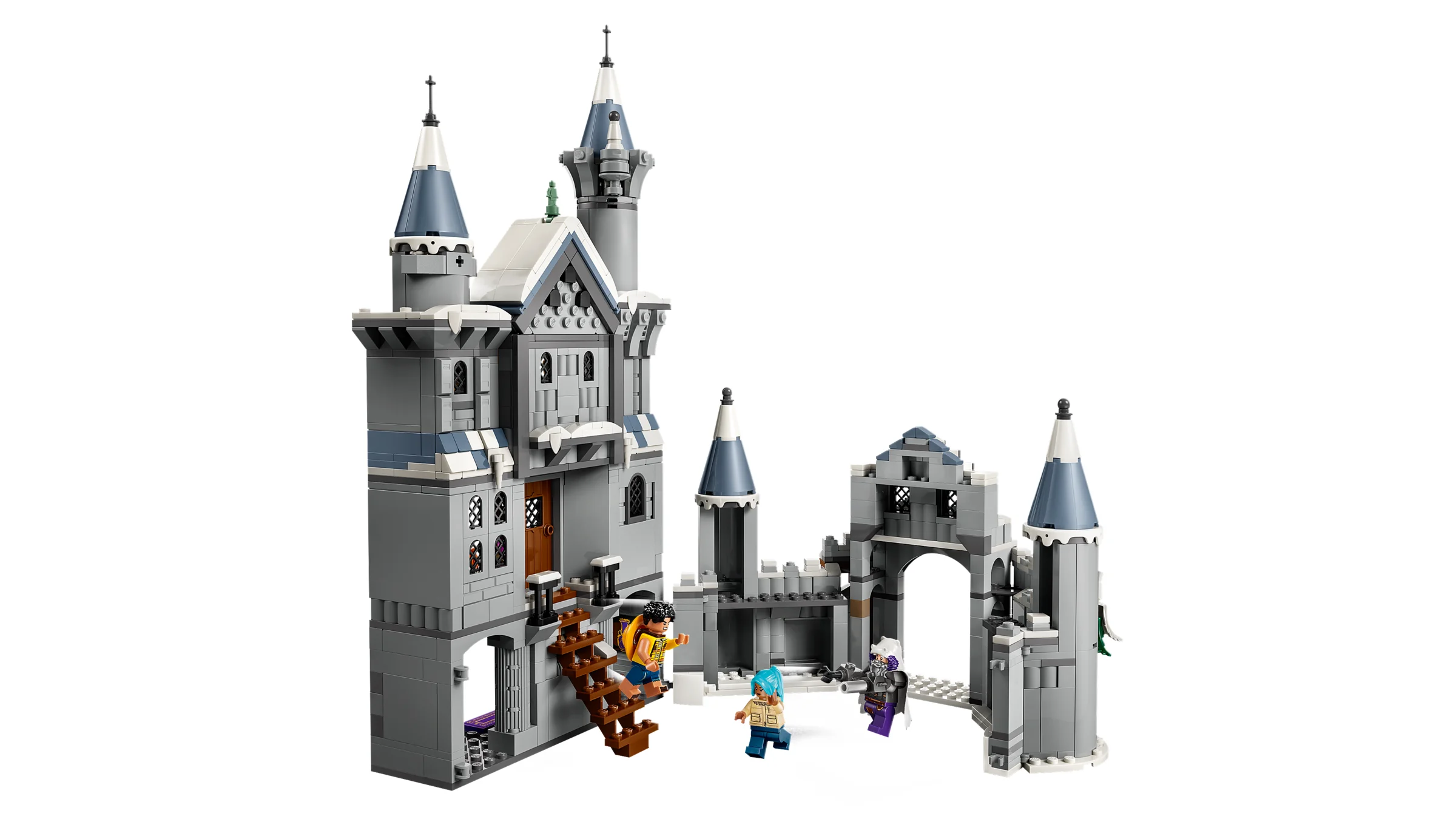 Imagine cu castelul Drum din LEGO One Piece, set 75645, cu minifigurinele. Detalii clădire și personaje.