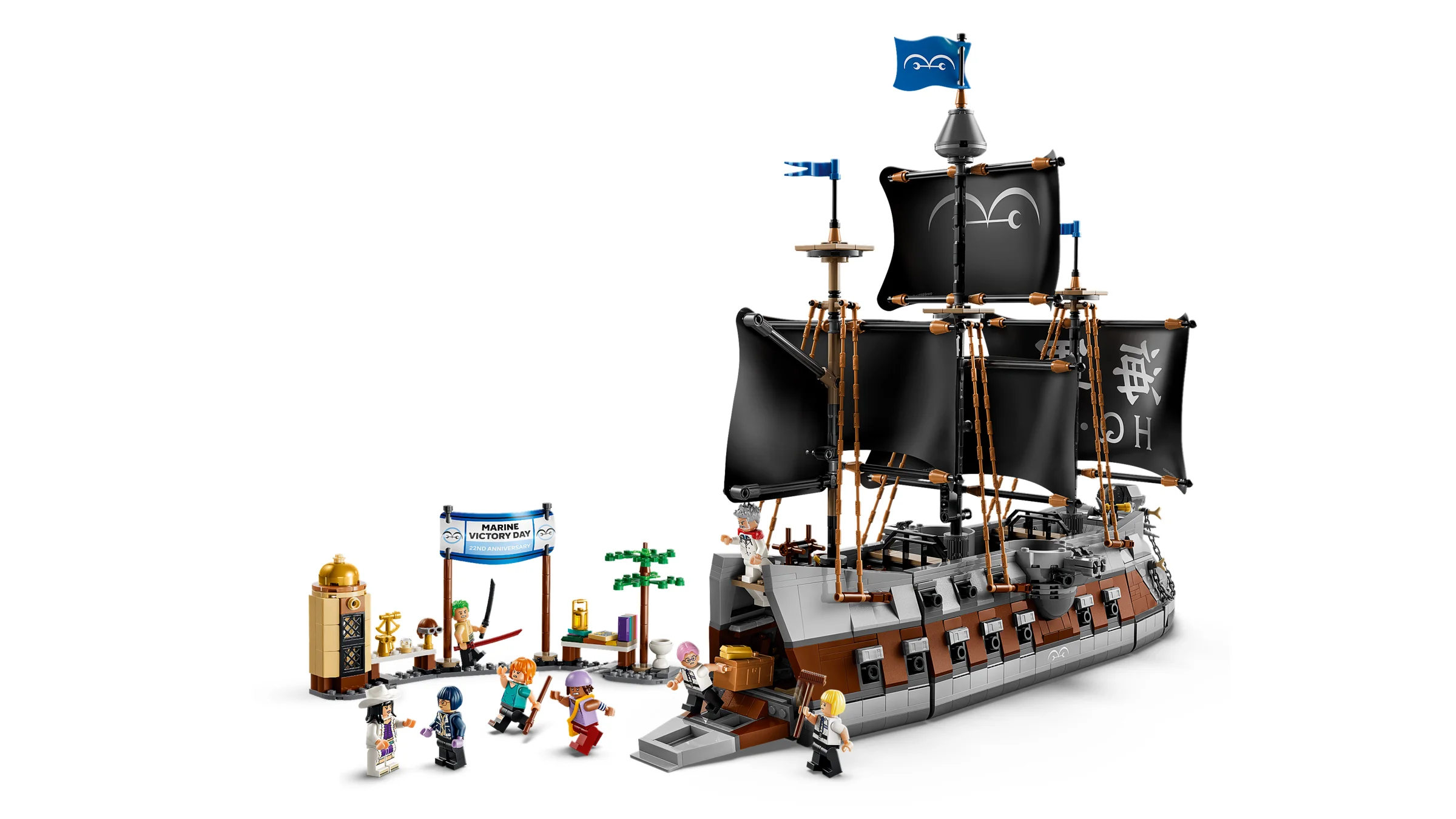Imagine cu vaporul lui Garp și minifigurinele din setul LEGO One Piece. Detalii precise ale construcției.