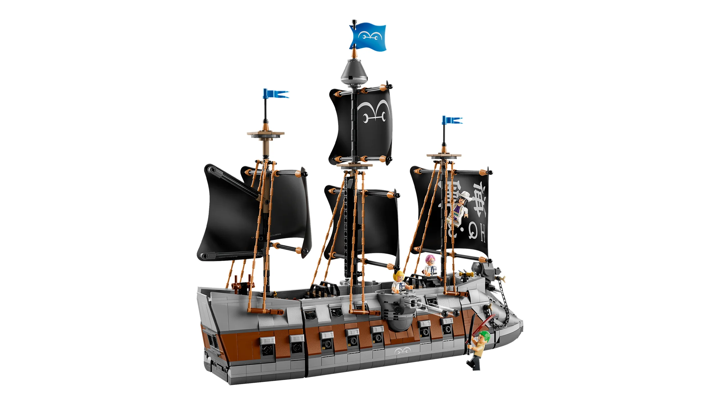 Vasul lui Garp din LEGO One Piece, cu pânze negre și figurine detaliate.