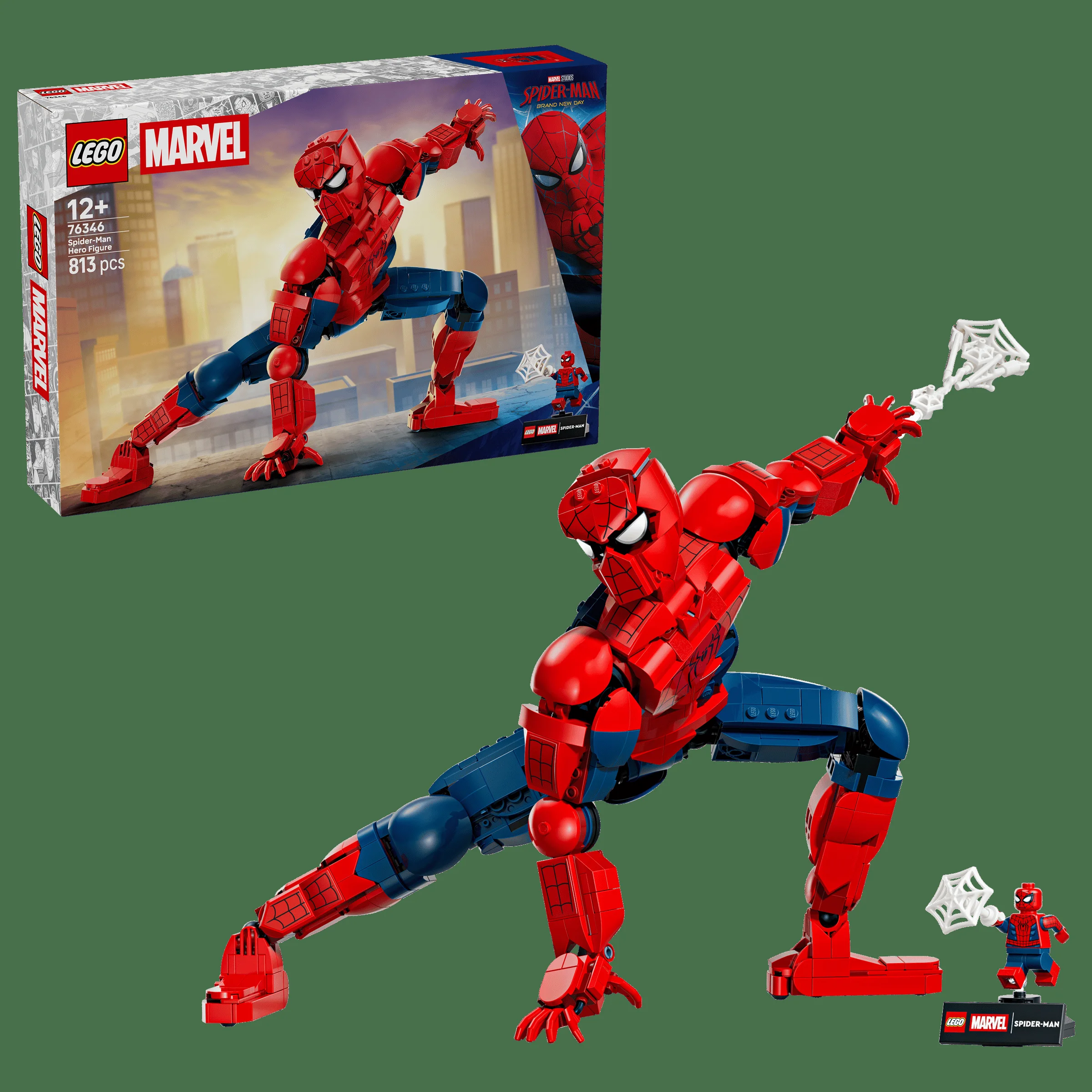 Imagine cu cutia LEGO 76346 și figurina Spider-Man asamblată. Detalii figurinei sunt vizibile.