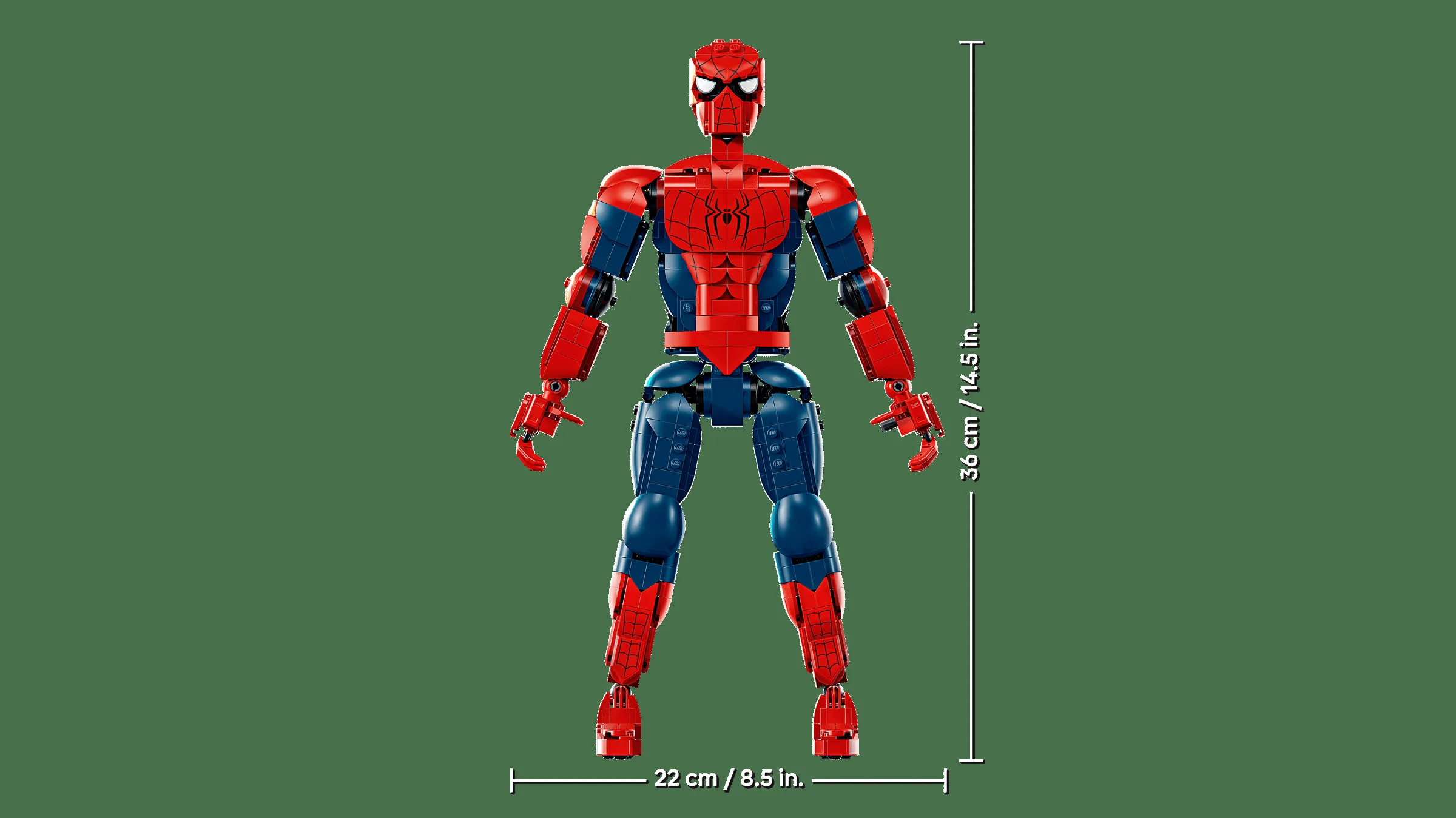 Figurină LEGO Spider-Man construibilă, cu dimensiuni indicate: 36 cm înălțime și 22 cm lățime.